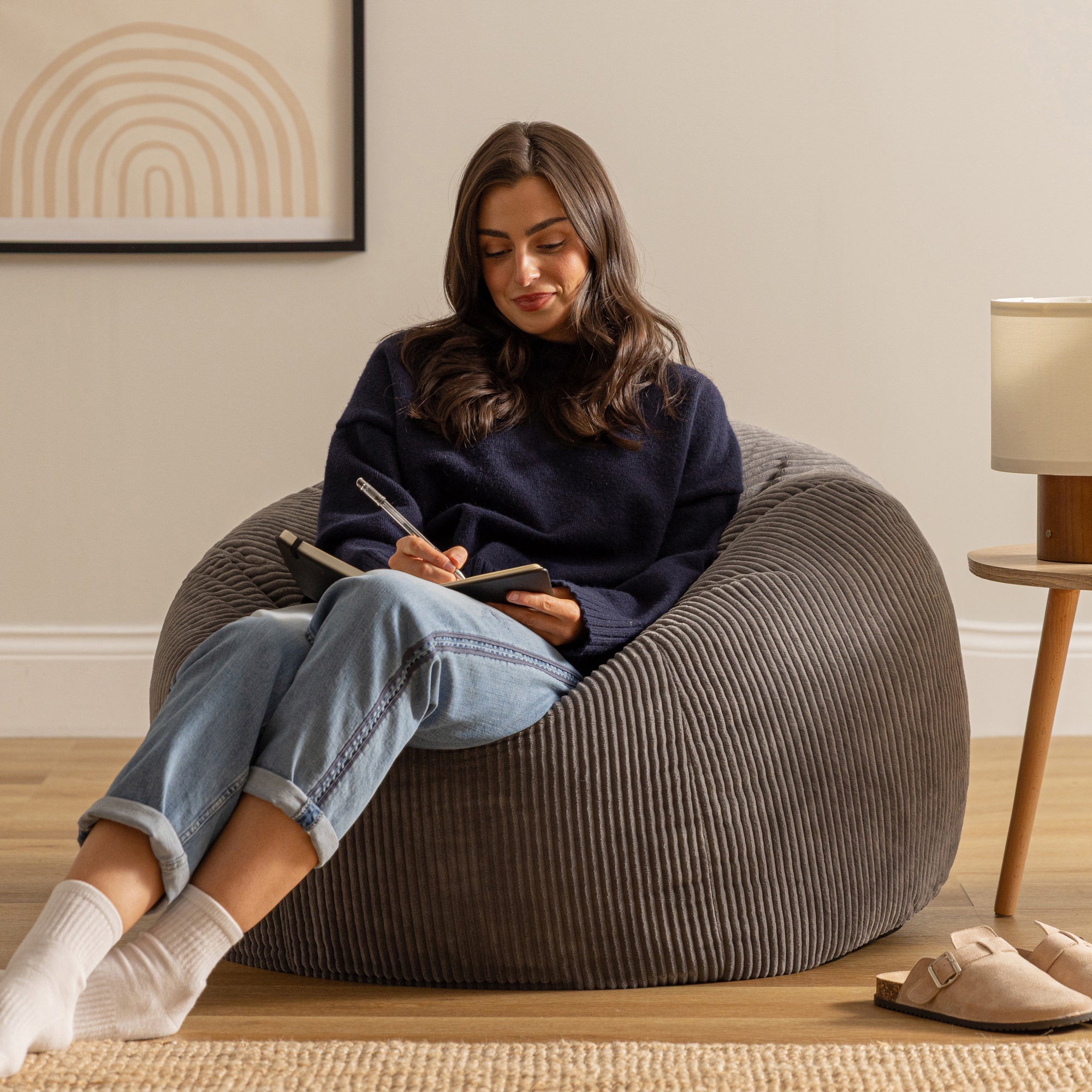 Pouf fauteuil Icon velours côtelé gris anthracite, salon, chambre, 85x85cm, Made in Allemagne, Oeko-Tex® - 3