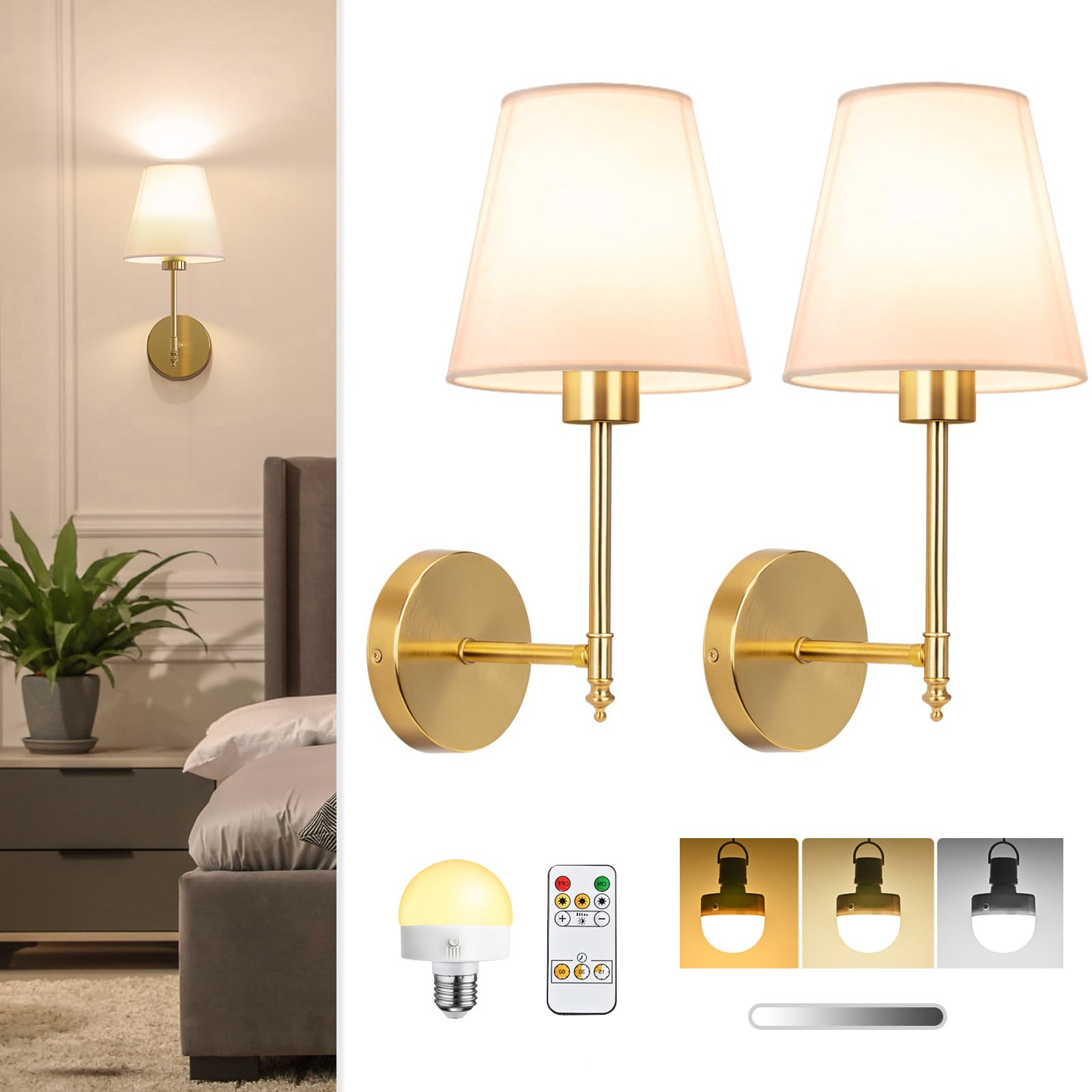 Applique Da Parete A Batteria 8000mAh – 2 Pezzi, Dimmerabile, Telecomando, 3000K-6000K, Oro, 70 Cm, Wireless