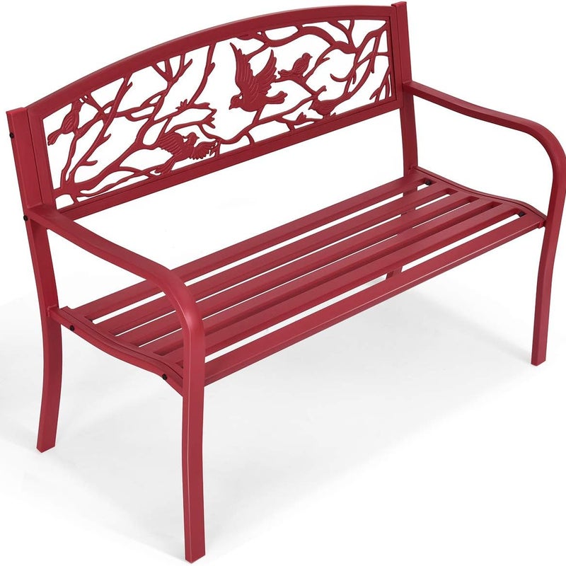 Metalowa Ławka Ogrodowa, Ergonomiczne Oparcie z Motywem Ptaka z Kutego Żelaza, 2-3 Miejsca, z Poręczami i Ergonomicznym Oparciem, 280 kg, Czerwona