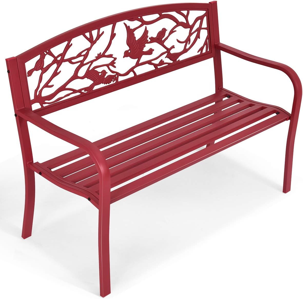 Metalowa Ławka Ogrodowa, Ergonomiczne Oparcie z Motywem Ptaka z Kutego Żelaza, 2-3 Miejsca, z Poręczami i Ergonomicznym Oparciem, 280 kg, Czerwona