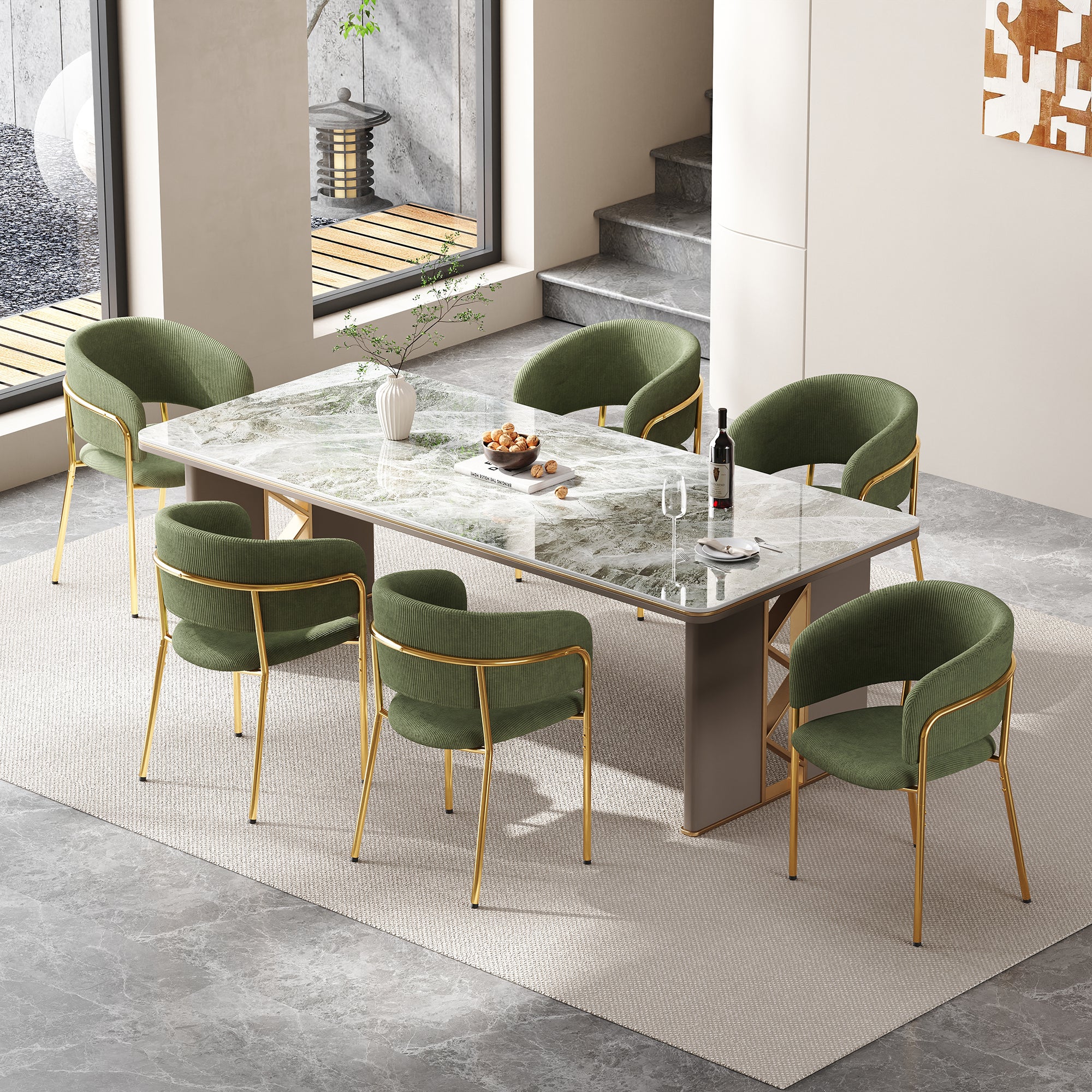 Komplet 6 krzeseł do jadalni z podłokietnikami - 55 x 55 x 80 cm - Kord i złote metalowe nogi - Zielony