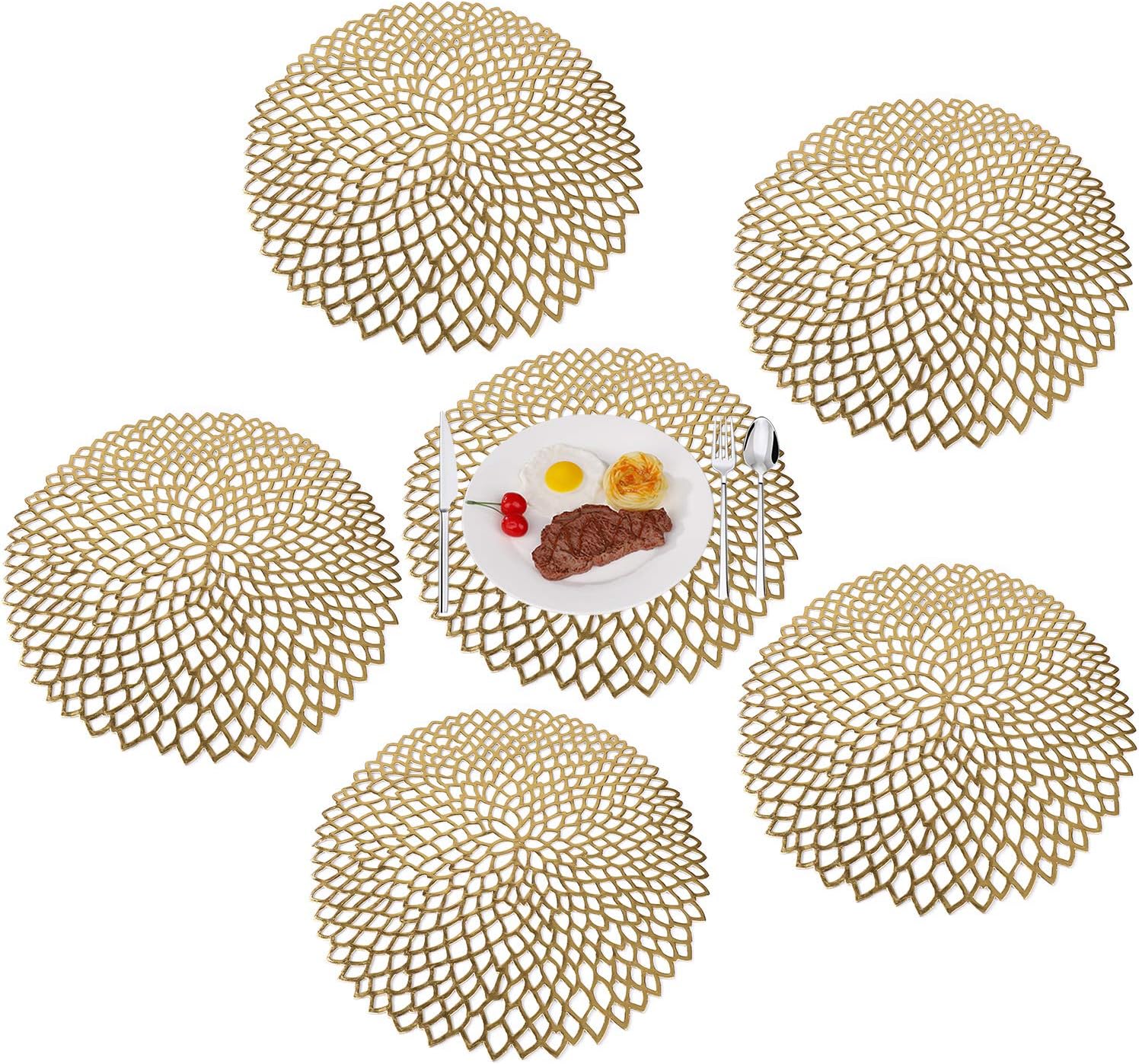 Zestaw 6 zmywalnych, antypoślizgowych podkładek z PVC, eleganckich, odpornych na ciepło, do kuchni i restauracji, w kolorze złotym