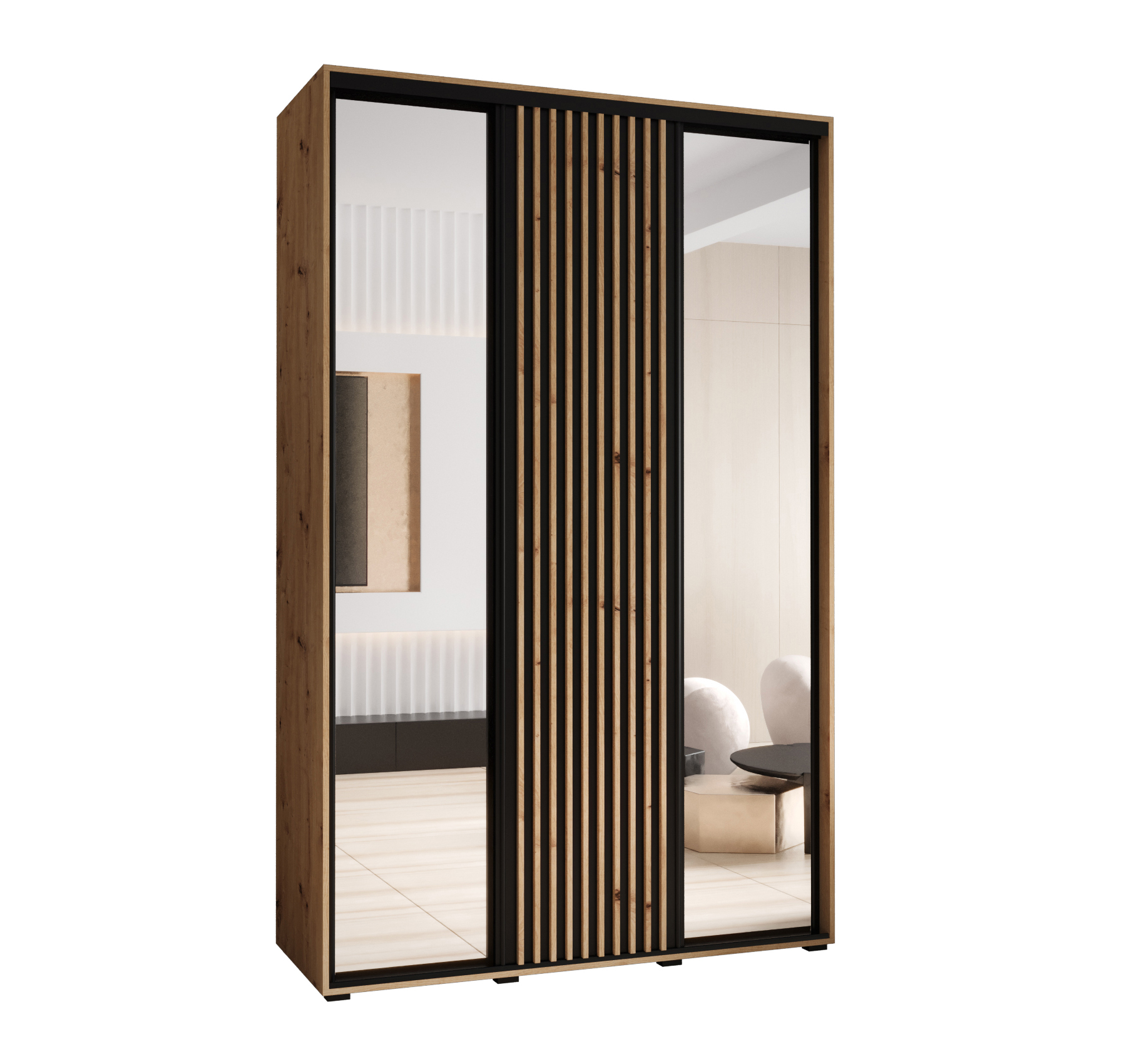 Szafa przesuwna z lustrem wysoka Lanko 2 150 x 45 x 235,2 cm artisan + czarny + lamele artisan - Abiks Meble