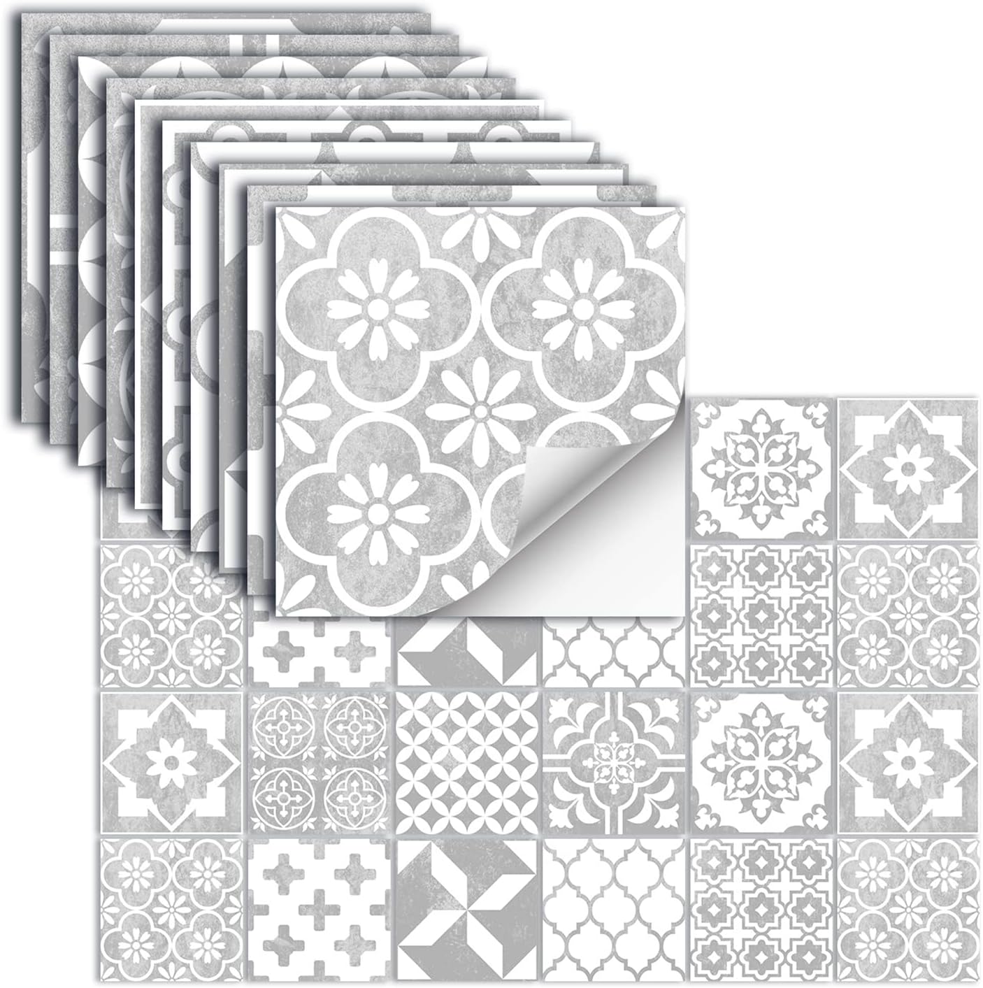 24 błyszczące, samoprzylepne płytki na ścianę - wodoodporne, odporne na olej, usuwalne - do łazienki/kuchni - 15x15 cm, biały, geometryczny wzór