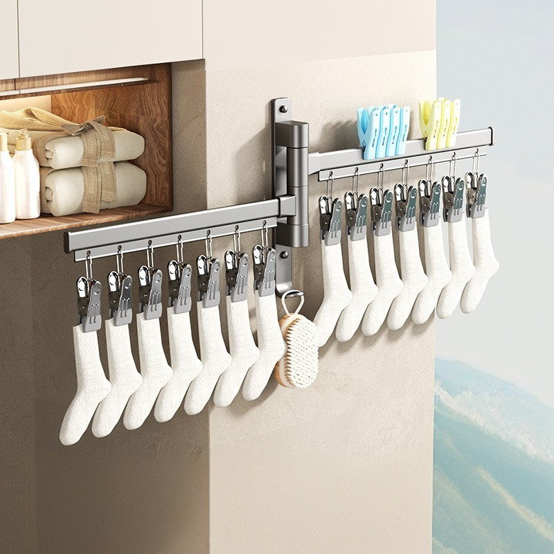 Suszarka do skarpet z klipsami, wielofunkcyjny składany wieszak na bieliznę, obrotowy stojak do suszenia balkonów, dwa drążki, 14 klipsów