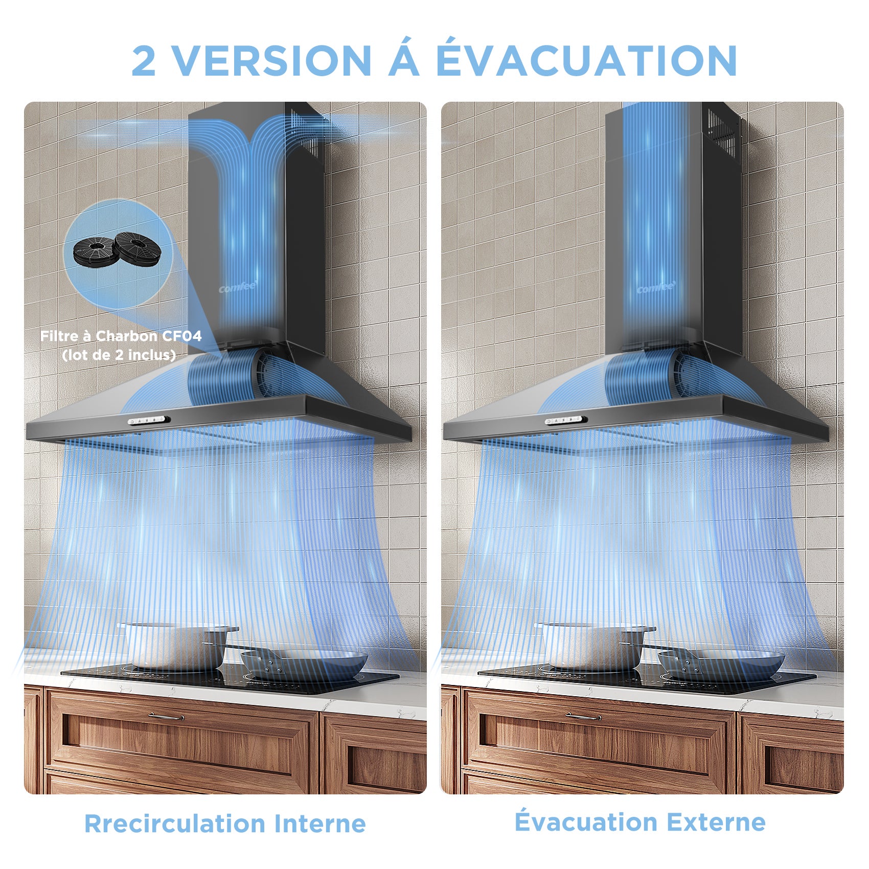 COMFEE Hotte Aspirante 60cm - 400 m³/h - Classe A++ - 2 Filtres à Charbon - 3 Vitesses - Recyclage & Évacuation - LED lampe - 4