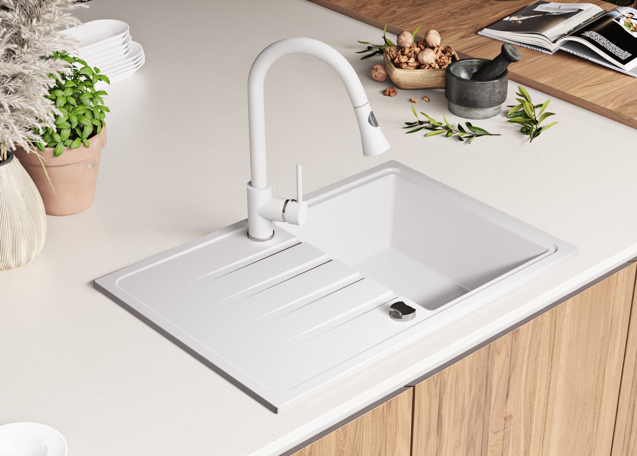 Evier Cuisine en Granit Blanc 78x50cm, Lavabo 1 bac + Kit de Vidage, Évier à Encastrer au meuble 45cm - Milan PRIMAGRAN - 8