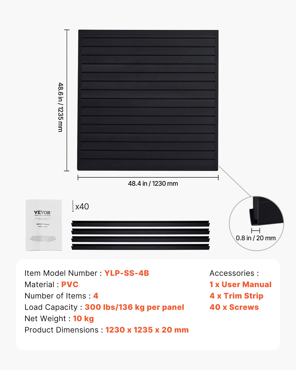 Panneau à Lattes Mural Garage,VEVOR 1230 x 1235 mm,Panneau Rangement Outils PVC avec Conception Modulaire,Porte-outils Mural pour Affichage,Noir - 7