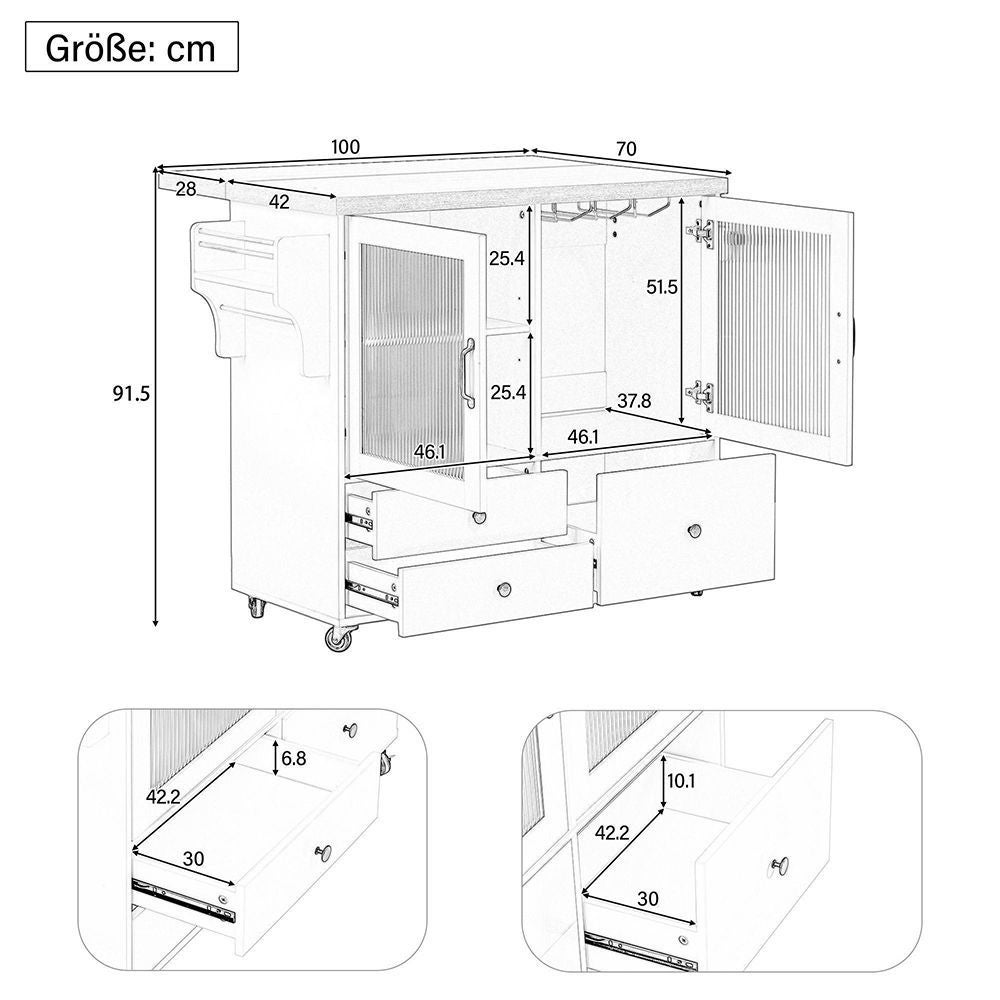 Îlot de cuisine mobile avec table à rallonge et roulettes, chariot avec porte-verres à vin et rangement, blanc - 3