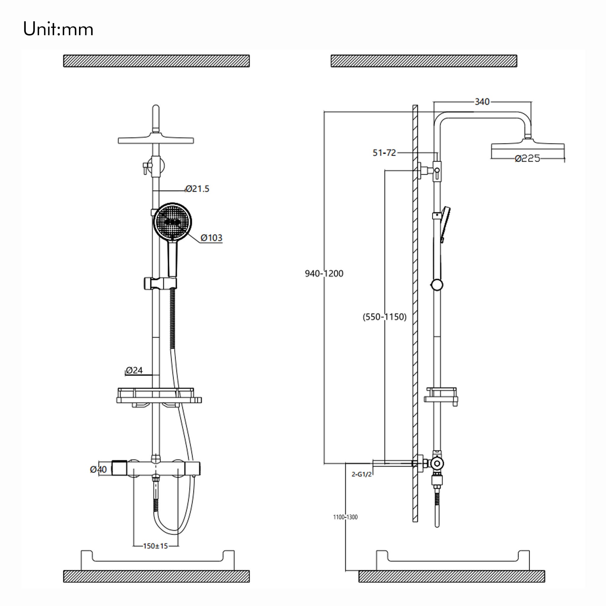 Columna de Ducha Termostática 38°C Negra con Estante Cabezal Alto Ducha de Mano 3 Chorros Altura Ajustable 940-1200 mm Juego de Ducha - 9