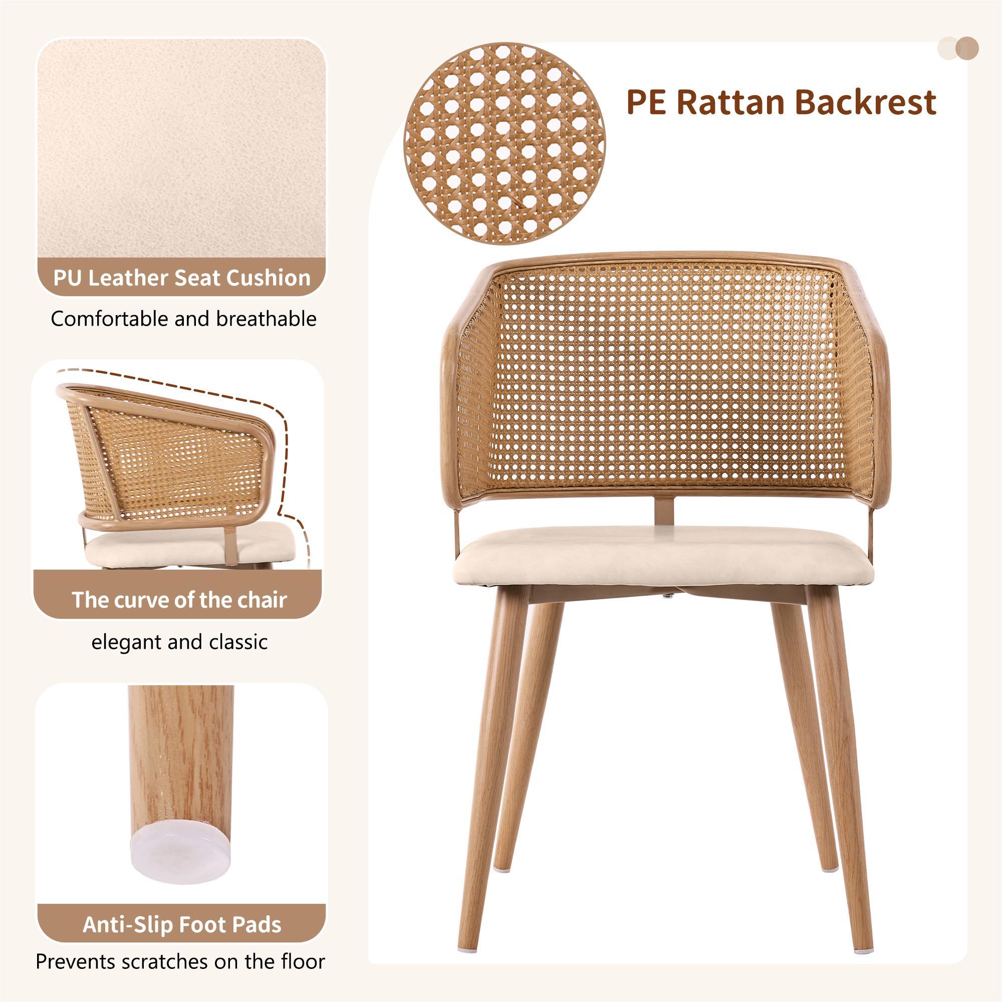 Lot de 2 chaises avec dossier en rotin - coussins en similicuir beige - pieds en métal - Marron - 2