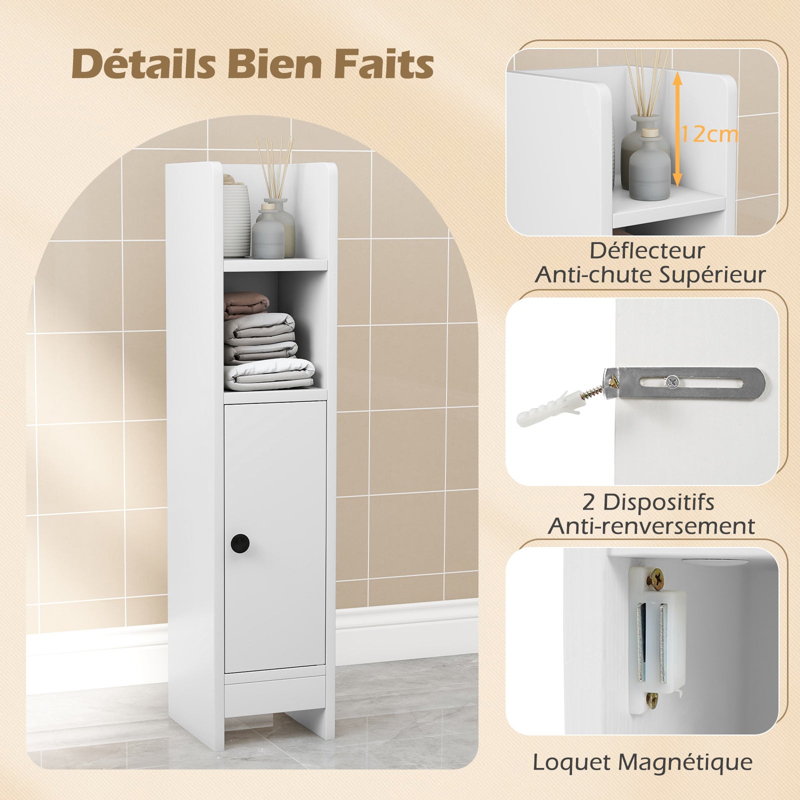 Colonne de Salle de Bain, Petit Armoire d'angle Etroit pour Papier Toilette avec Porte & Étagère Réglable, Gain de Place, 20 x 18 x 80 cm, Blanc - 7