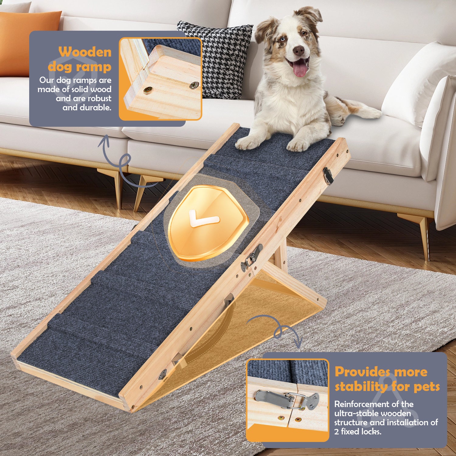 Rampa plegable de madera para perros y mascotas con alfombrilla de tracción antideslizante de 5 patas - 6
