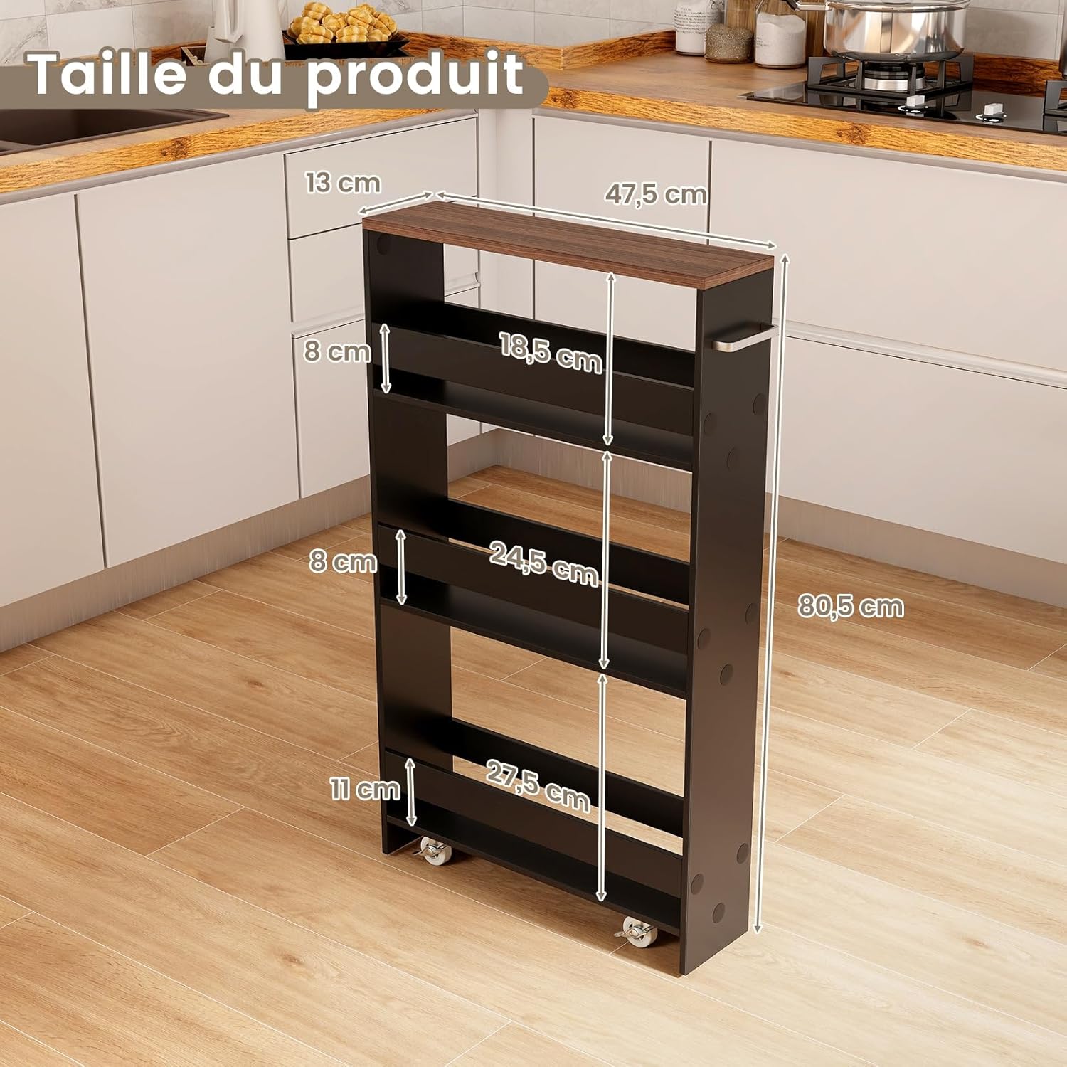 Chariot de Rangement Largeur 13 cm à roulettes, Desserte de Cuisine à 4 Niveaux, Poignée Latérale et Roues Universelles avec Freins (Noir + Brun) - 2