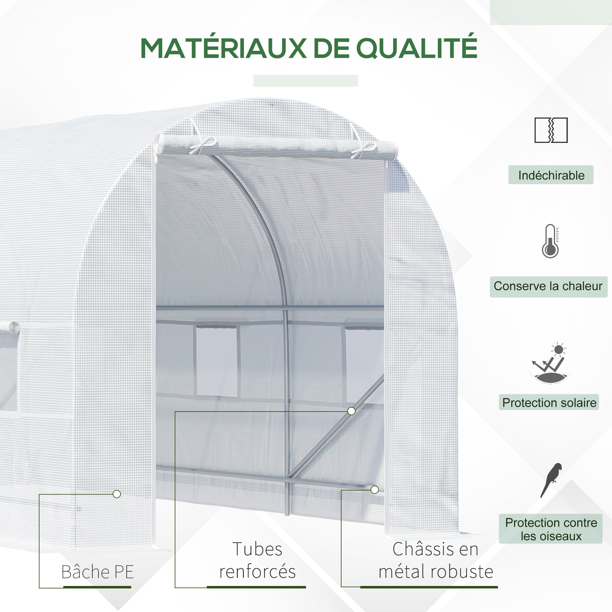 Serre de Jardin Tunnel Surface Sol 9 m² 4,45L x 2l x 2H m châssis Tubulaire renforcé 18 mm 6 fenêtres Blanc - 7