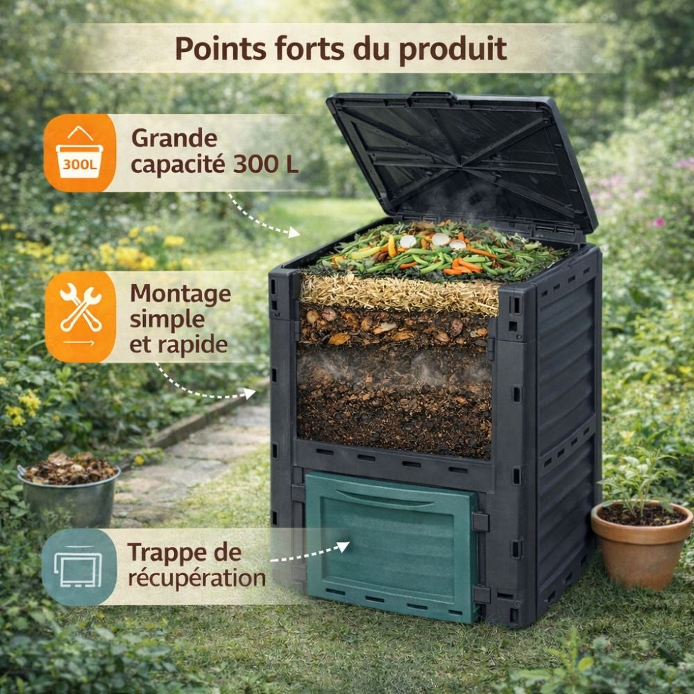 Composteur de jardin 300 L - 83 x 61 x 61 cm en plastique, Polypropylène - 3