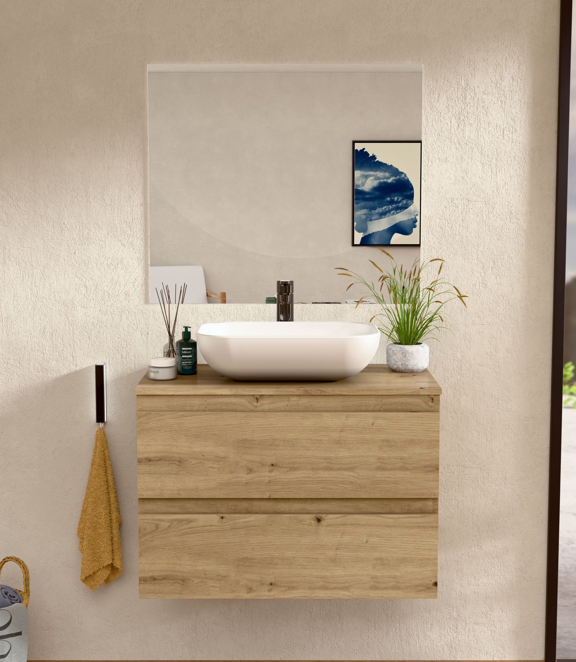 BELLOBATH - Móvel com Lavatório de Cerâmica e Espelho, Móvel com 2 Gavetas, 100 x 55 x 46 cm, Móvel Carvalho - 2