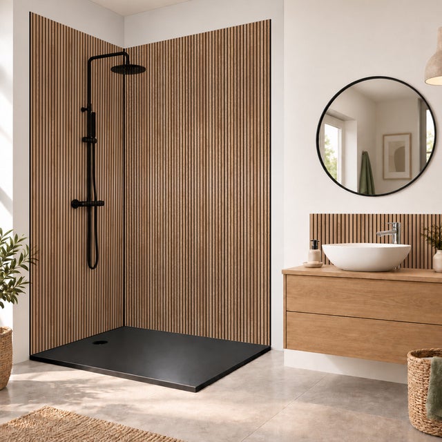 Pack PVC : 2 panneaux muraux de douche + 1 crédence de salle de bain - Effet tasseaux de bois naturel marron et noir - Modèle Japandi