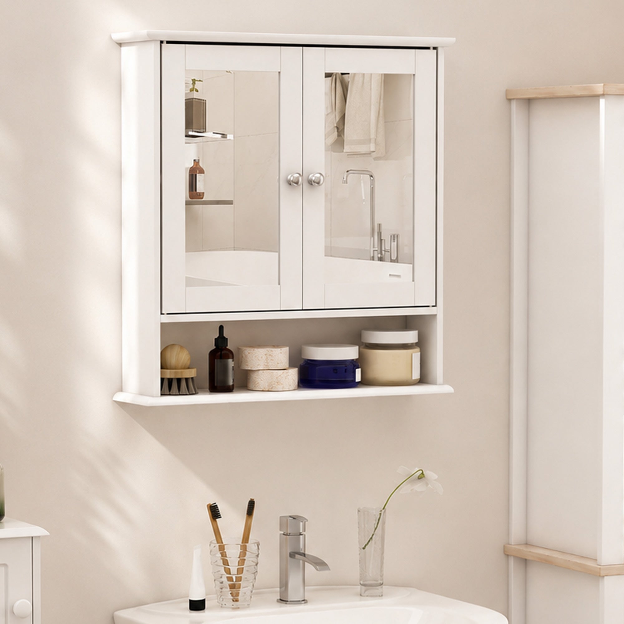 Kleankin Armario De Baño Con Espejo De Pared Mdf, Espejo De Vidrio 56X13x58cm Blanco , Leroy Merlin