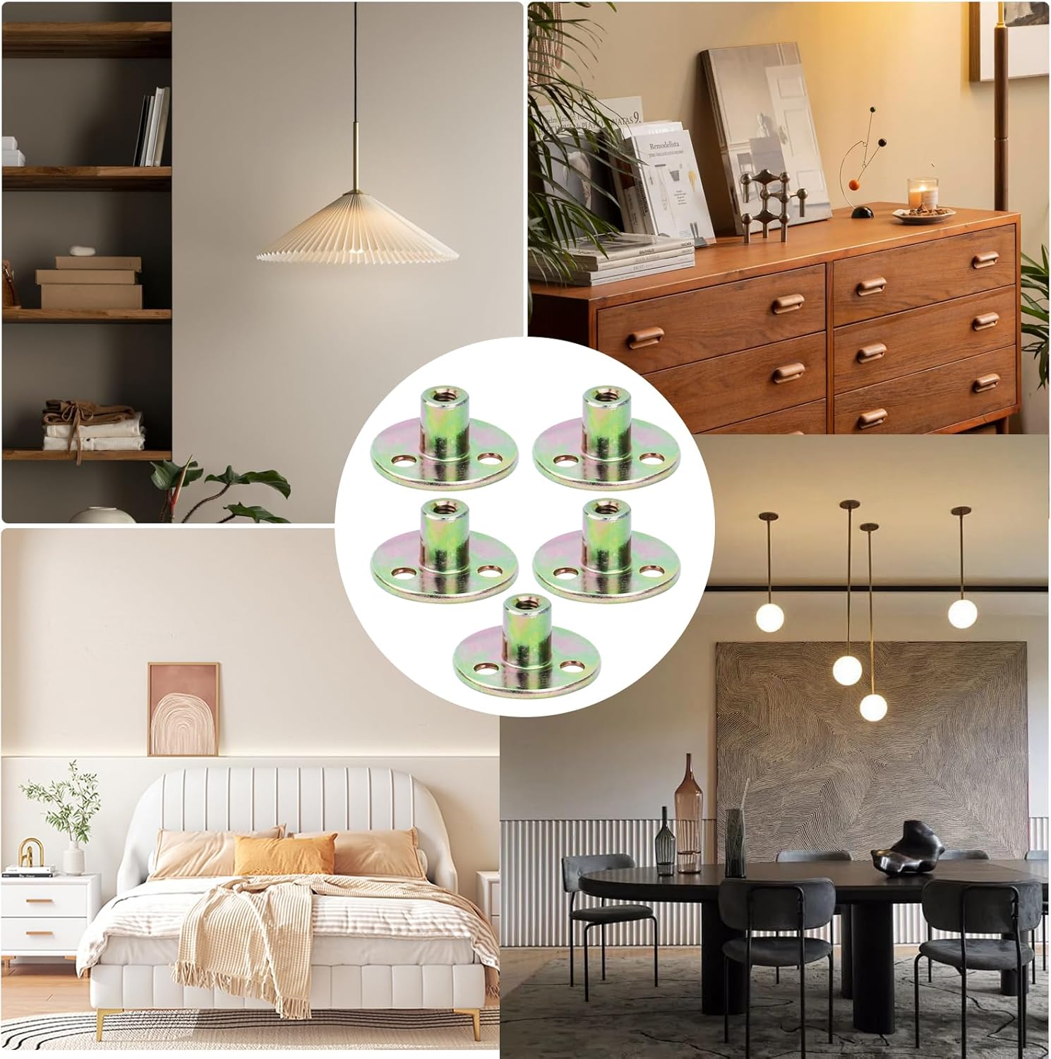 Set di 5 dadi flangiati a 3 fori, dadi a T M10, dadi a T a 3 fori, dadi a T in acciaio al carbonio con base rotonda per il fissaggio - 4