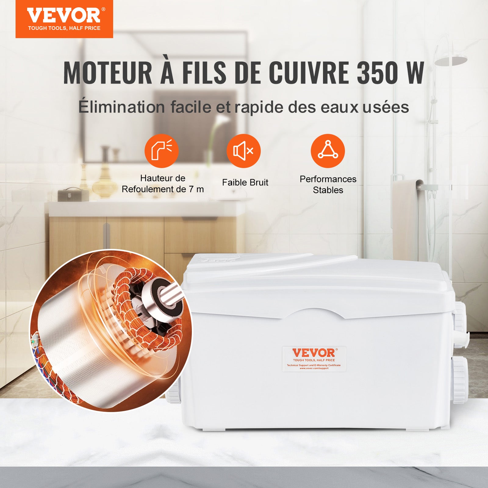 Pompe de Macération VEVOR 350 W, Débit 6000 L/h, 3 Entrées, Levage 7 m, Pompe d’eaux Usées pour Sous-sol, Cuisine, Évier, Douche, Baignoire - 2
