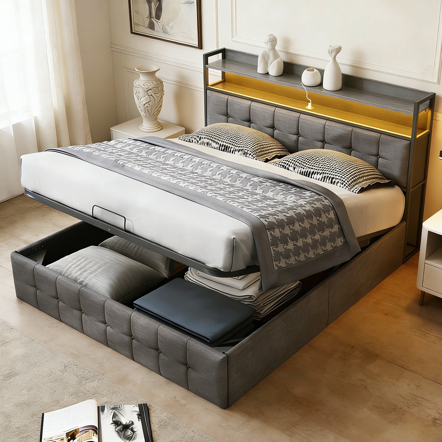 Lit coffre 140x190 cm avec sommier à lattes, lit double 140x190 cm avec LED, cadre de lit adulte avec port USB et Type C, tissu en lin, gris - 3