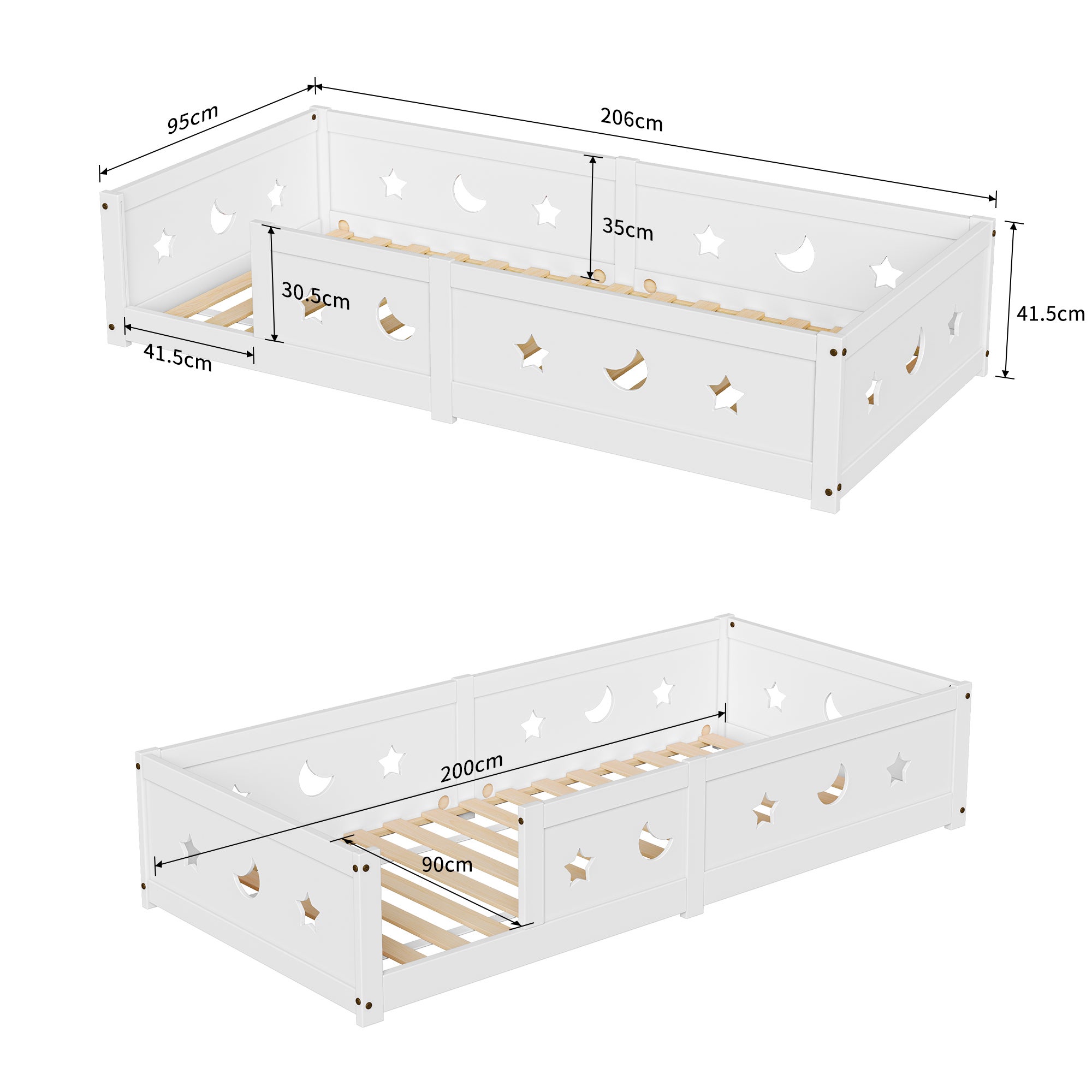 Lit au sol 90x200 cm, lit enfant avec barrière de sécurité, lit 1 personne, lit montessori, moderne, cadre de lit avec sommier, bois massif blanc - 4