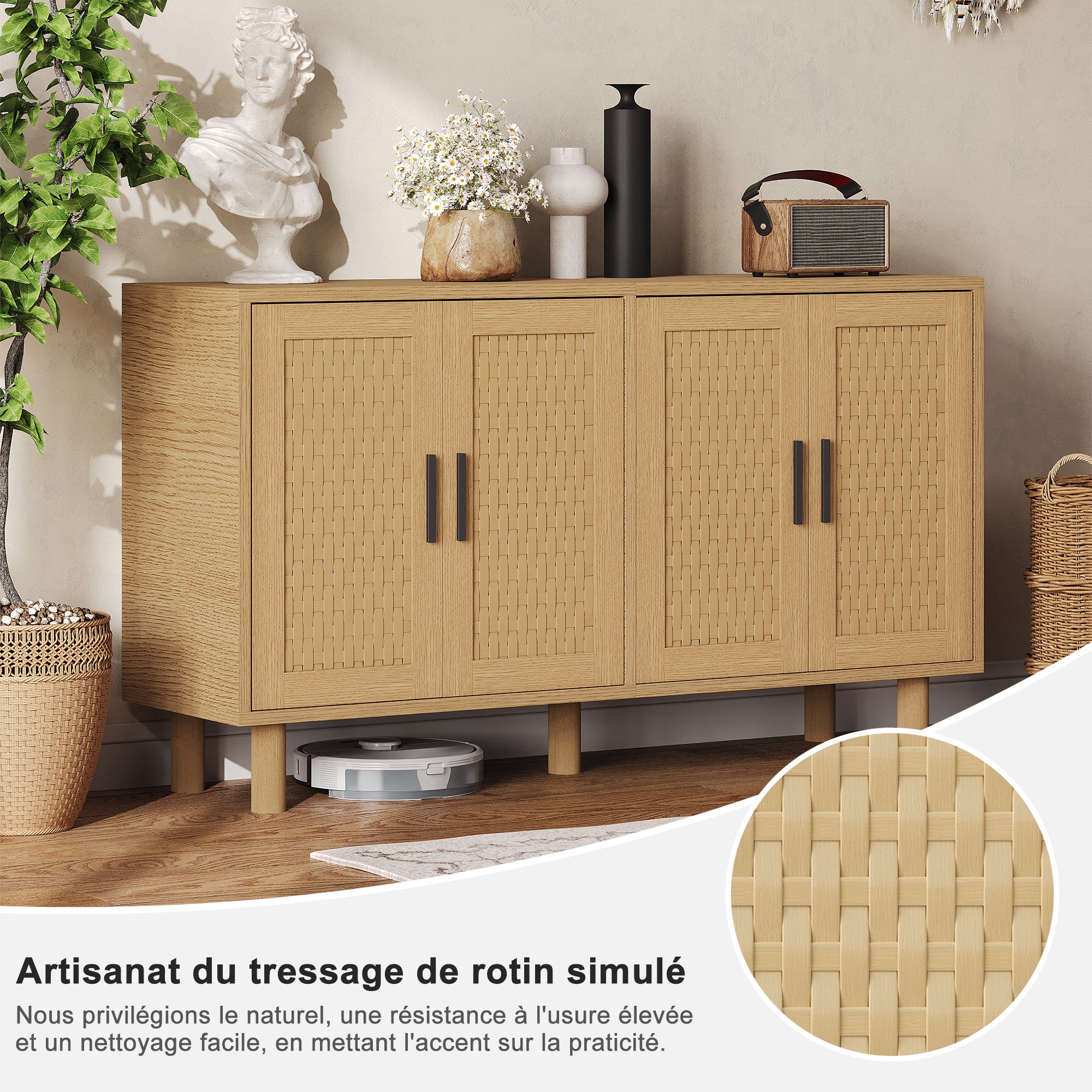 Buffet, meuble de rangement en bois chêne, avec 4 portes , meuble de rangement pour le salon, portes à motif tressé - 7
