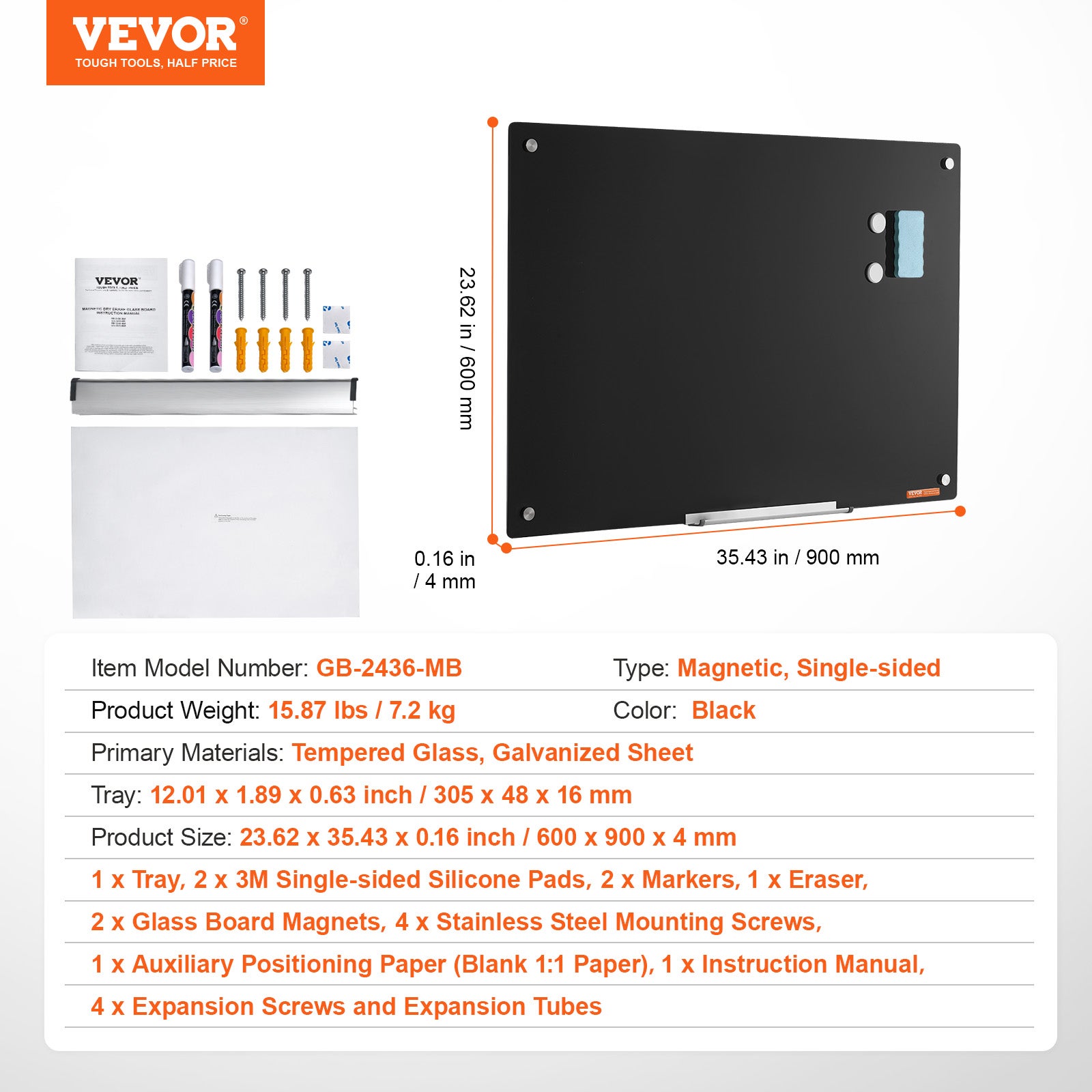 Tableau Magnétique Effaçable à Sec VEVOR en Verre Noir 90 x 60 cm, Grand Tableau Mémo Mural Sans Cadre avec Plateau, Effaceur et 2 Marqueurs - 7