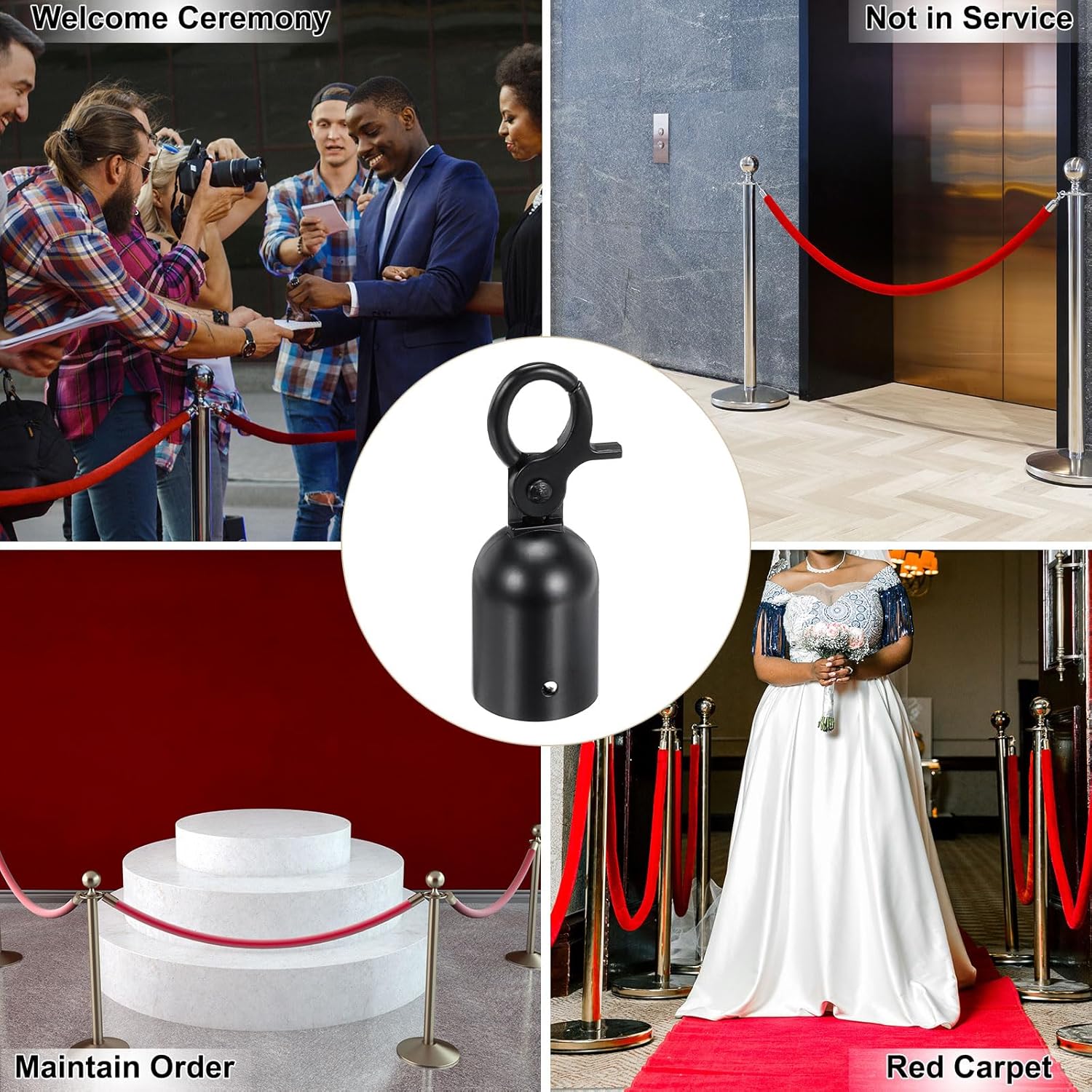 Lot de 2 embouts de corde pour poteau de 2,8 x 8 cm, crochets mousquetons pour barrière de contrôle des foules, séparateur de file d'attente, noir - 5