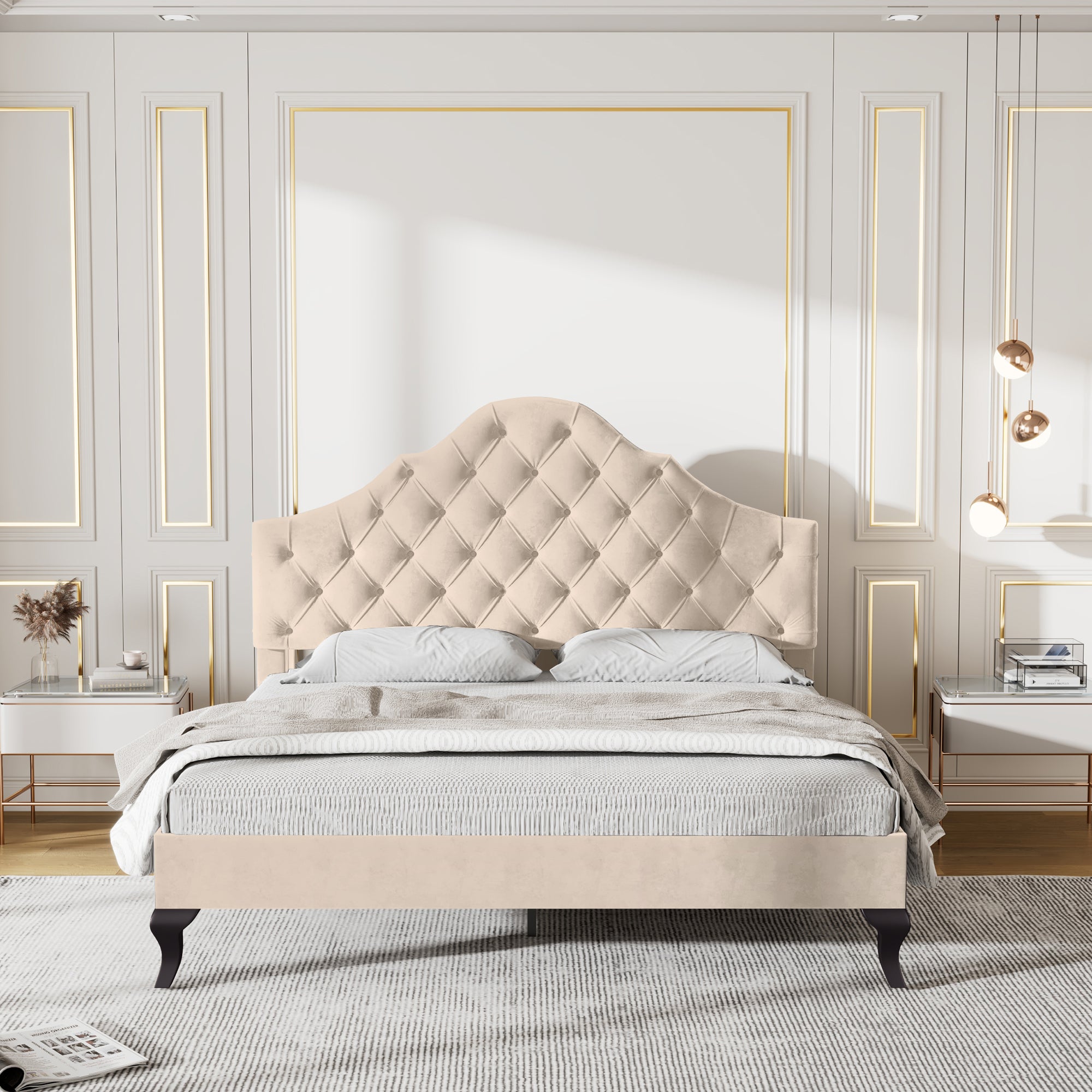 Lit Adulte Double 140x190 cm - Sommier à Lattes - Tête de Lit Réglable - Velours Beige (Sans Matelas) - 2