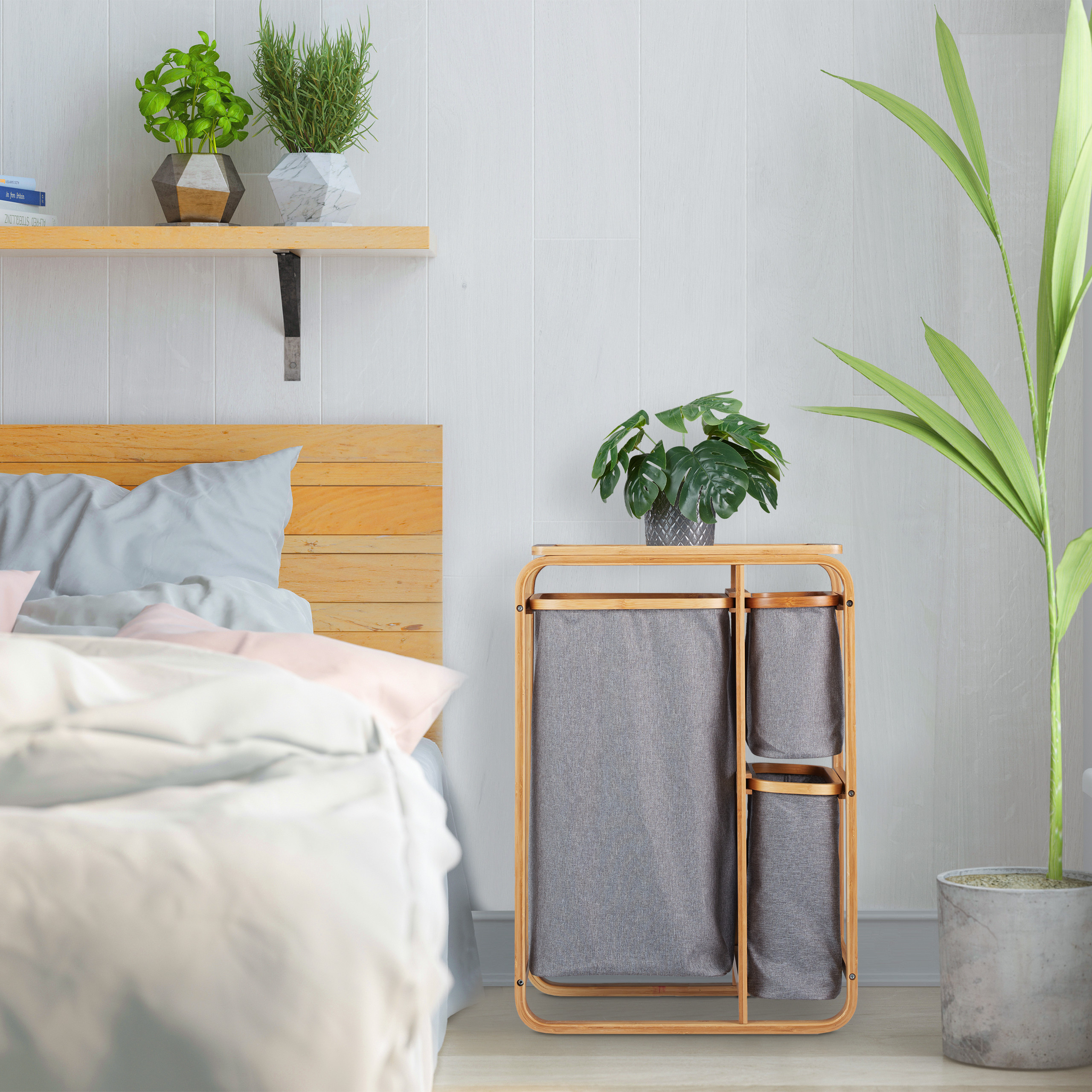 Relaxdays Meuble à linge, 3 bacs, bambou, étagère pour salle de bain avec compartiments, HLP 70x49x33,5 cm, nature/gris - 2