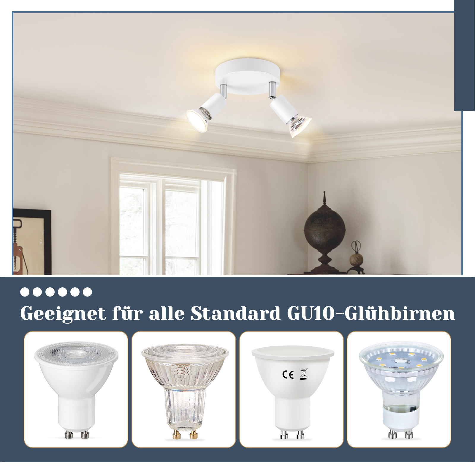 NETTLIFE Plafonnier LED GU10 -2 Spots de Plafond Ronde Moderne Spots de Plafond 350° pour Cuisines Couloir Chambre Salon - sans Ampoule Blanc - 9