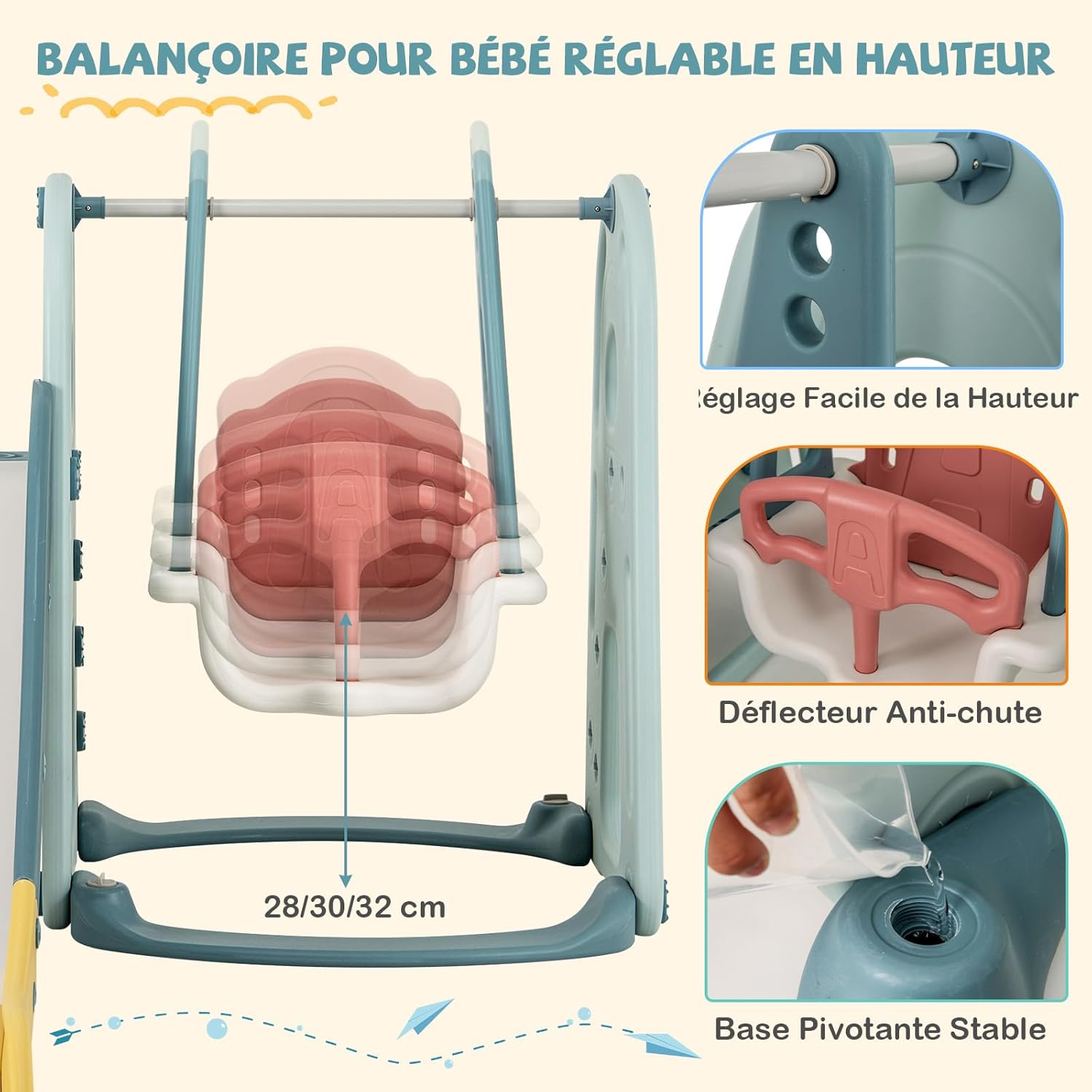 Escorrega 4 em 1 para Crianças em Ambientes Interiores e Exteriores com Baloiço, Cesto de Basquetebol, Escadas, Conjunto de Brinquedos Internos para - 3