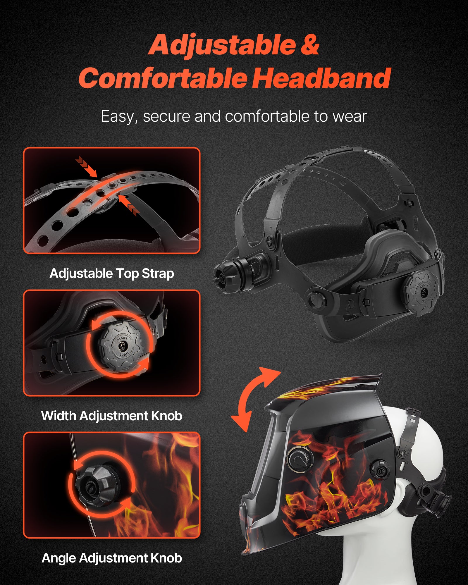 Casque Soudage Solaire VEVOR 93 x 43 mm, avec 2 Capteurs d'Arc, Teinte DIN 4/9-13, pour Soudage TIG MIG ARC, Meulage, Série CRIUS, Motif Flamme Jaune - 5