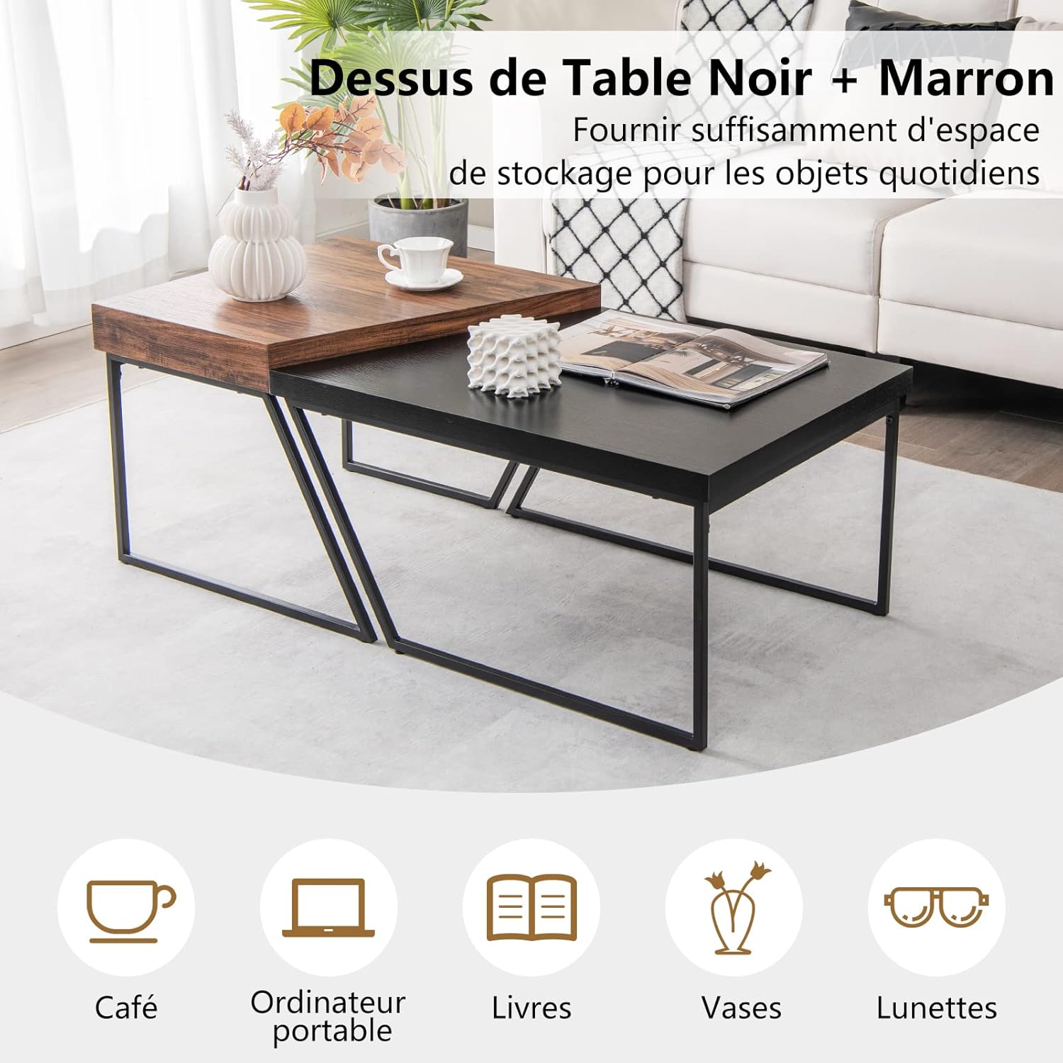 Tables Basses de Style Industriel Vintage,Ensemble de Tables d'Appoint Gigogne Charge Max.90KG pour Salon, Chambre, Bureau 120x60x46cm - 3