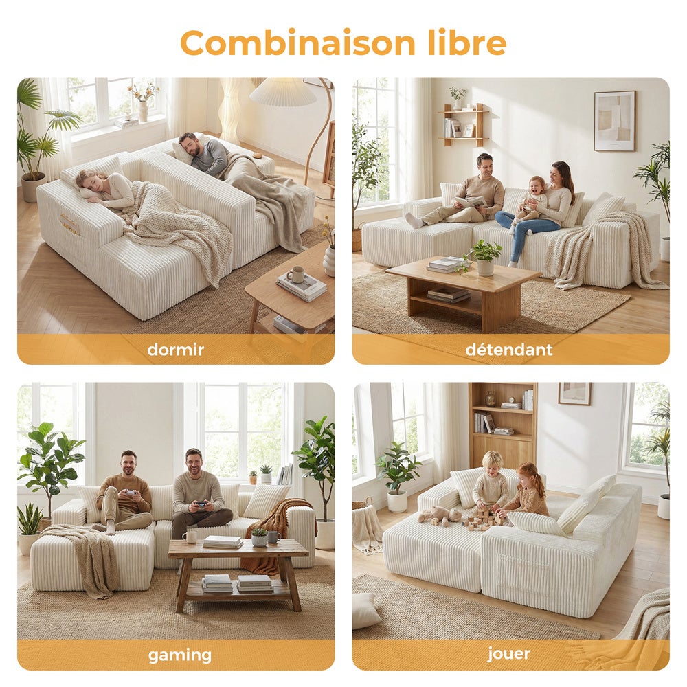 DRIPEX Canapé d'angle gauche en velours côtelé avec 4 coussins,Canapé sans assemblage avec méridienne en L,261×156×80cm,Beige - 6