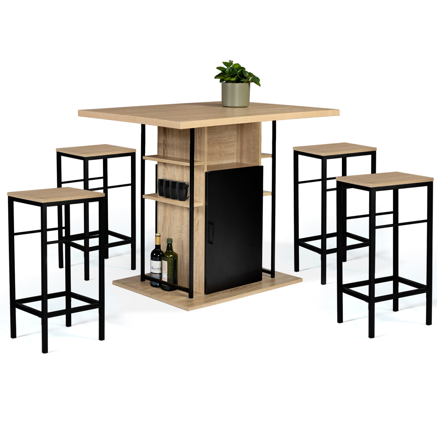 Ensemble ilot central 110 cm bois noir et imitation hêtre et 4 tabourets design industriel - 2