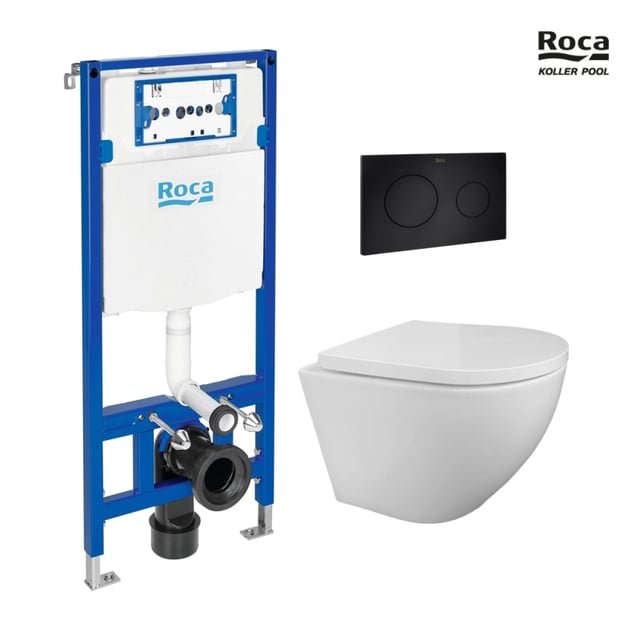 BÂTI SUPPORT ROCA DUPLO PACK RÉSERVOIR ENCASTRABLE ET PLAQUE PL10 DOUBLE NOIR AVEC WC SUSPENDU ROUND SMART Blanc Tornade 3.0 par KP