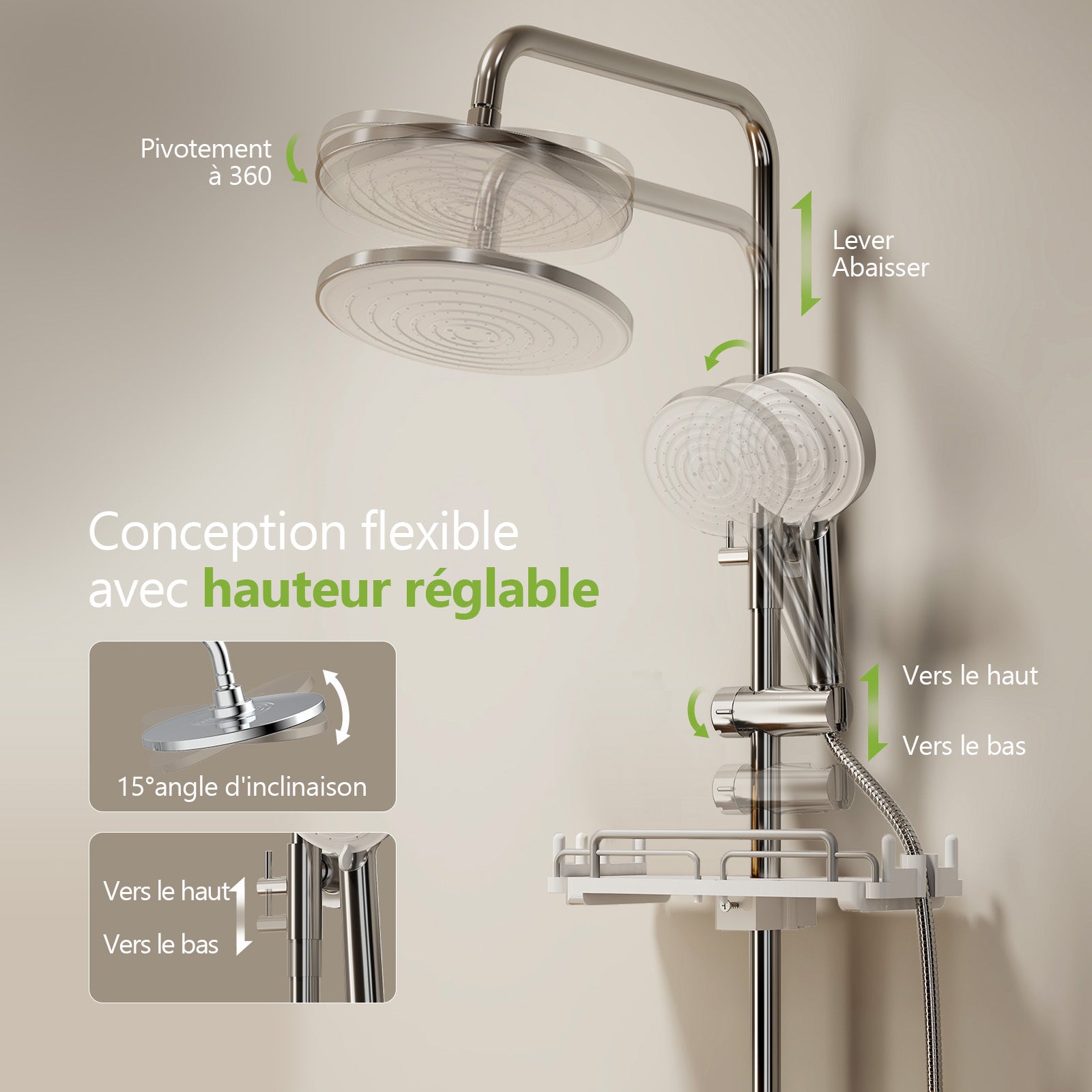 Colonne de Douche sans Mitigeur – Ensemble Complet avec Douchette, Tête Pluie 3 Jets et Tablette Rétractable – Chrome – Design Moderne - 4
