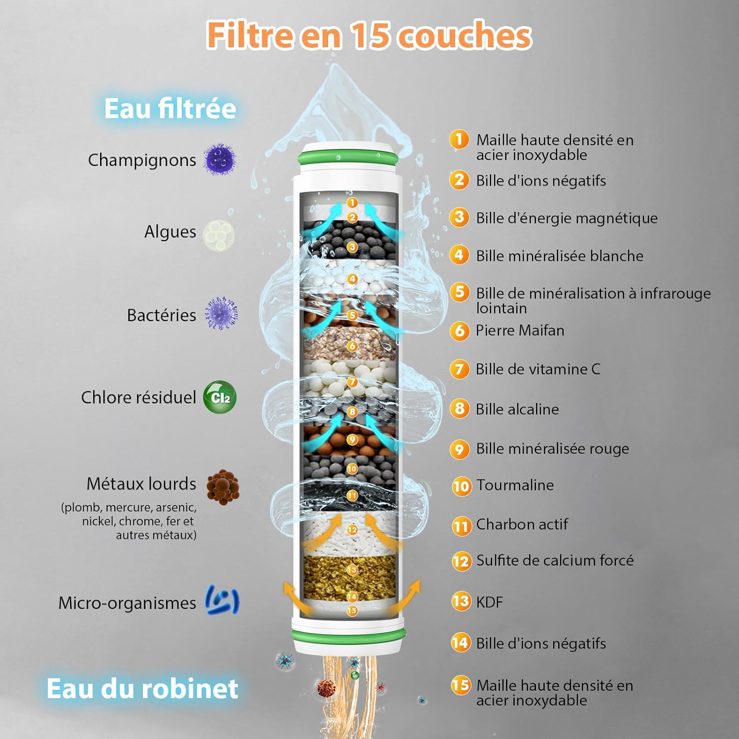 Pommeau de Douche Anti Calcaire avec 15 Étapes Filtre et avec Tuyau 1,5M Pommeau Douche Économie Deau Haute Pression Filtre Douche 3 + 1 Types - 3