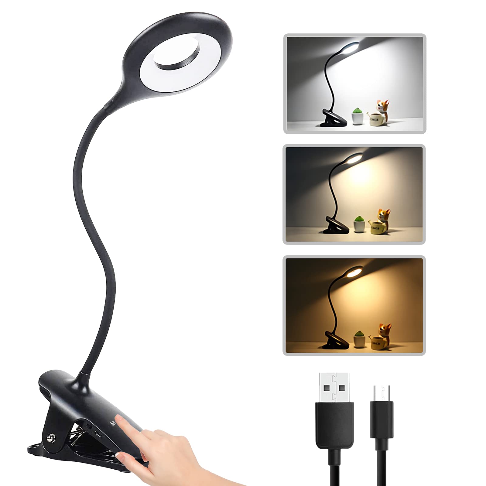 Bezprzewodowa, ładowalna lampa biurkowa LED, lampa do czytania książek z 16 diodami LED, 3 kolorami i 3 poziomami jasności, lampa z zaciskiem do łóżka