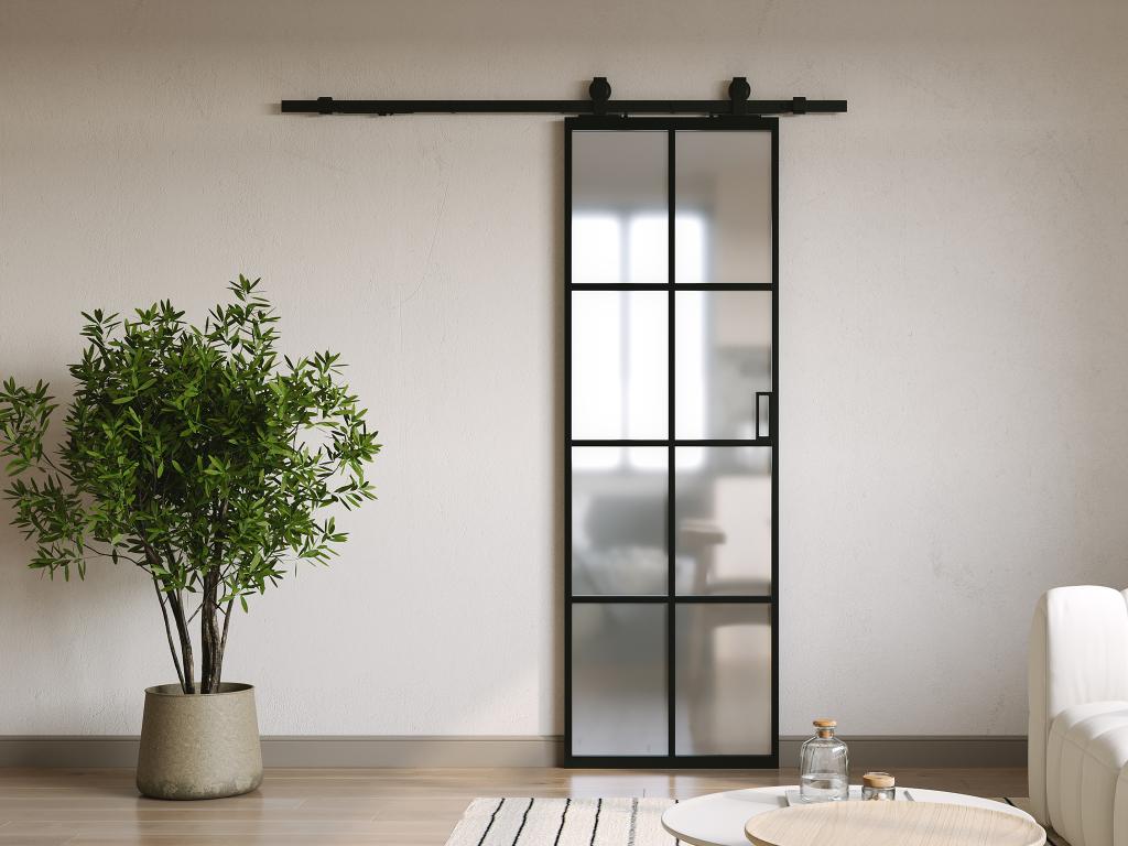 Drzwi przesuwne naścienne - aluminium i matowe szkło hartowane - wys. 205 x szer. 83 cm - WILDEN II