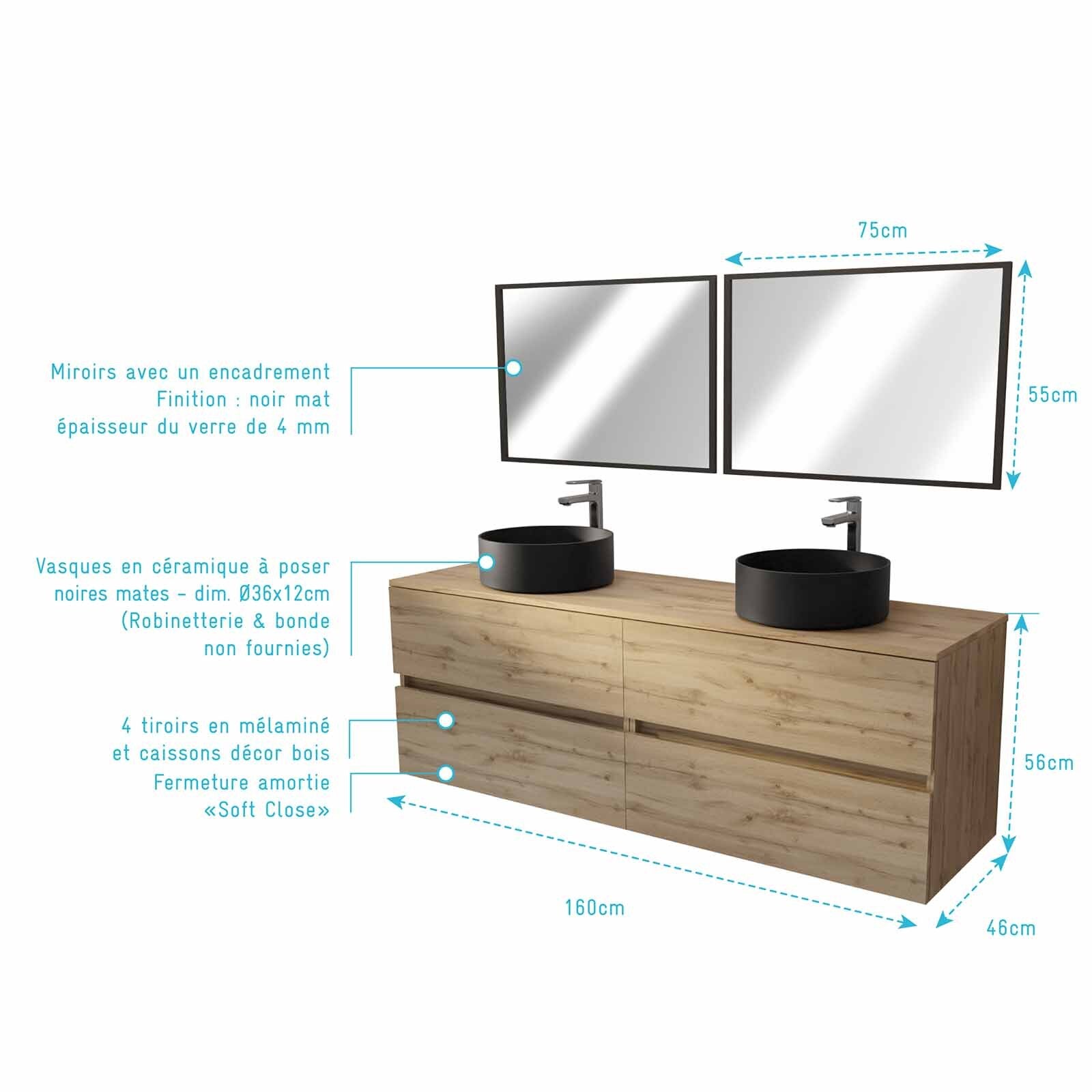 Meuble Salle de Bains 160 TIMBER Décor Chêne 4 Tiroirs Vasques à Poser Noires 2 Miroirs 75x55 - 4