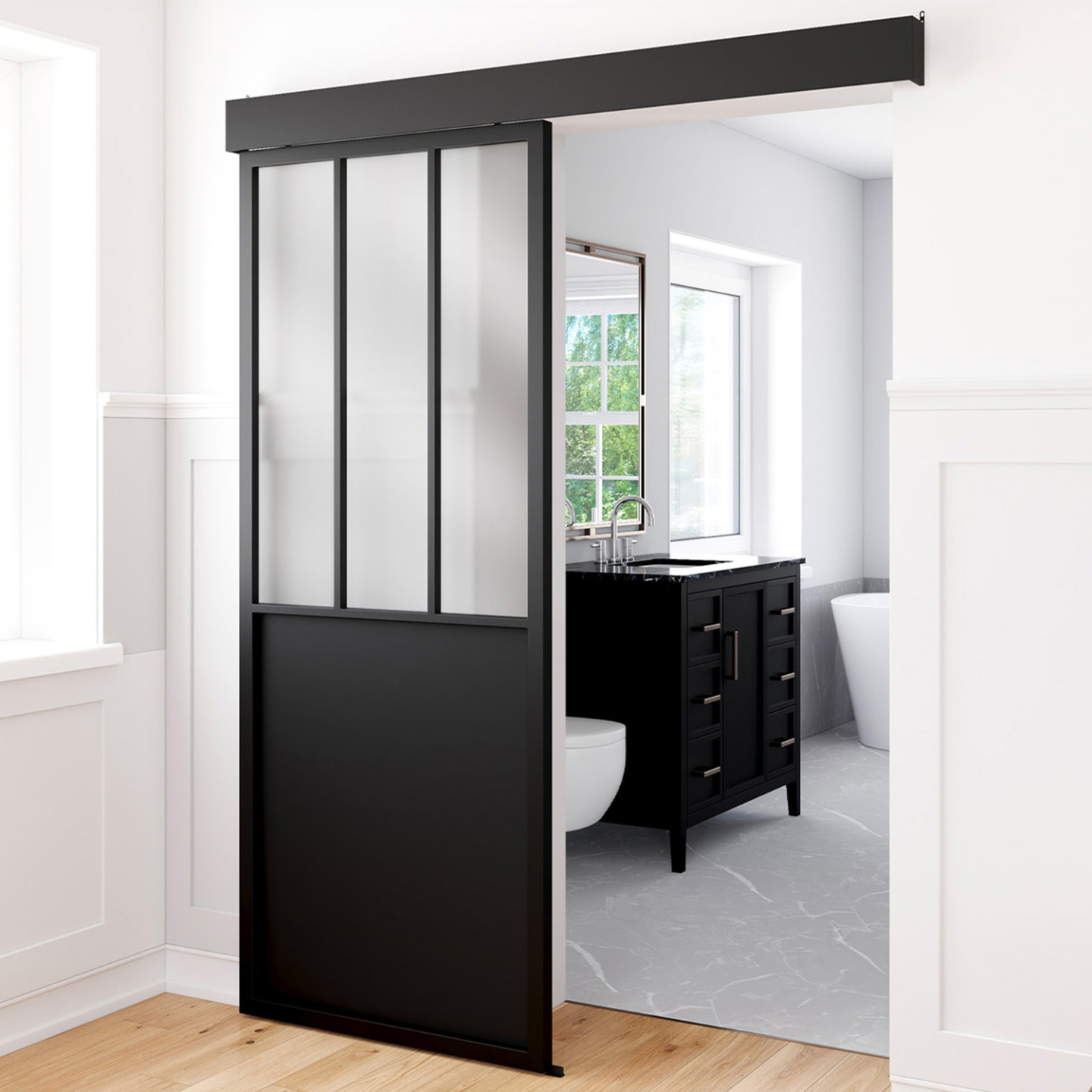 Kit porte coulissante verrière 83 cm en métal + MDF avec rail et fixations - 4