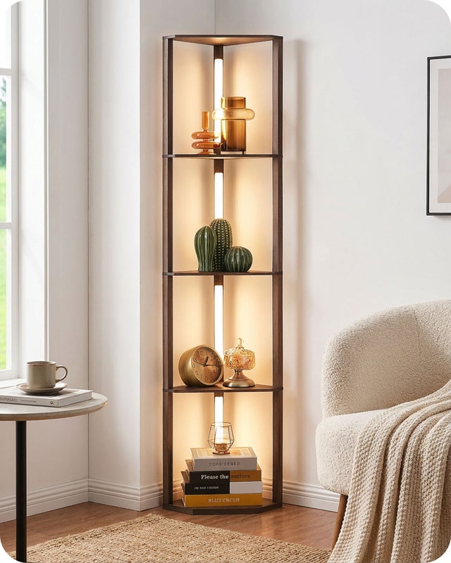 EDISHINE Lampadaire LED sur Pied Salon avec Étagères, 3 Températures de Couleur, Dimmable, Brun Foncé, Interrupteur à Pédale