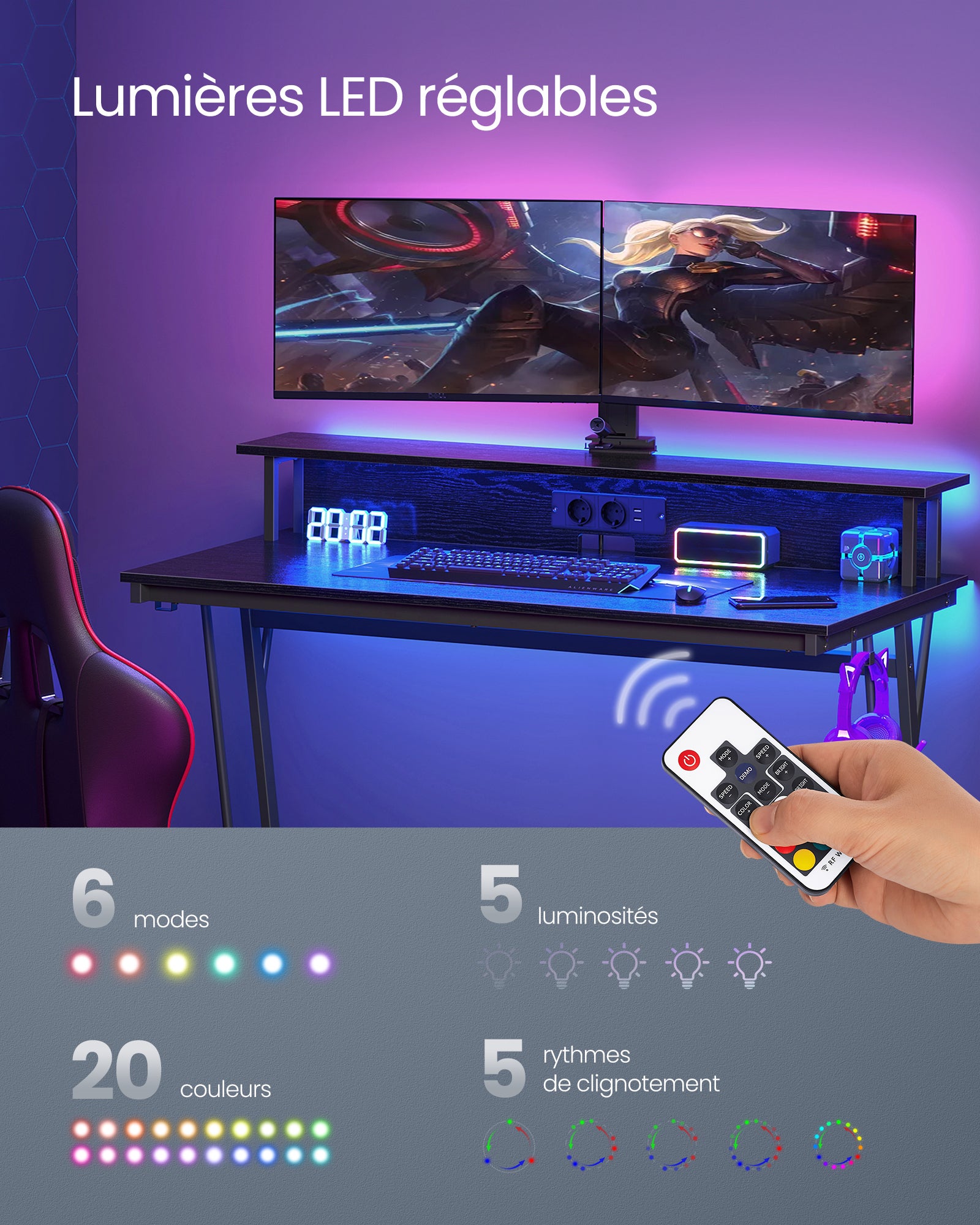 Bureau Gaming avec LED et Multiprise, Bureau Informatique avec Rehausseur d’Écran, 60 x 120 x 75 cm, Noir Boisé - 3