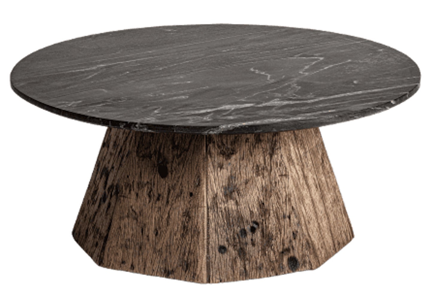 Table basse ronde marbre de noir et pieds bois massif recyclé Wader