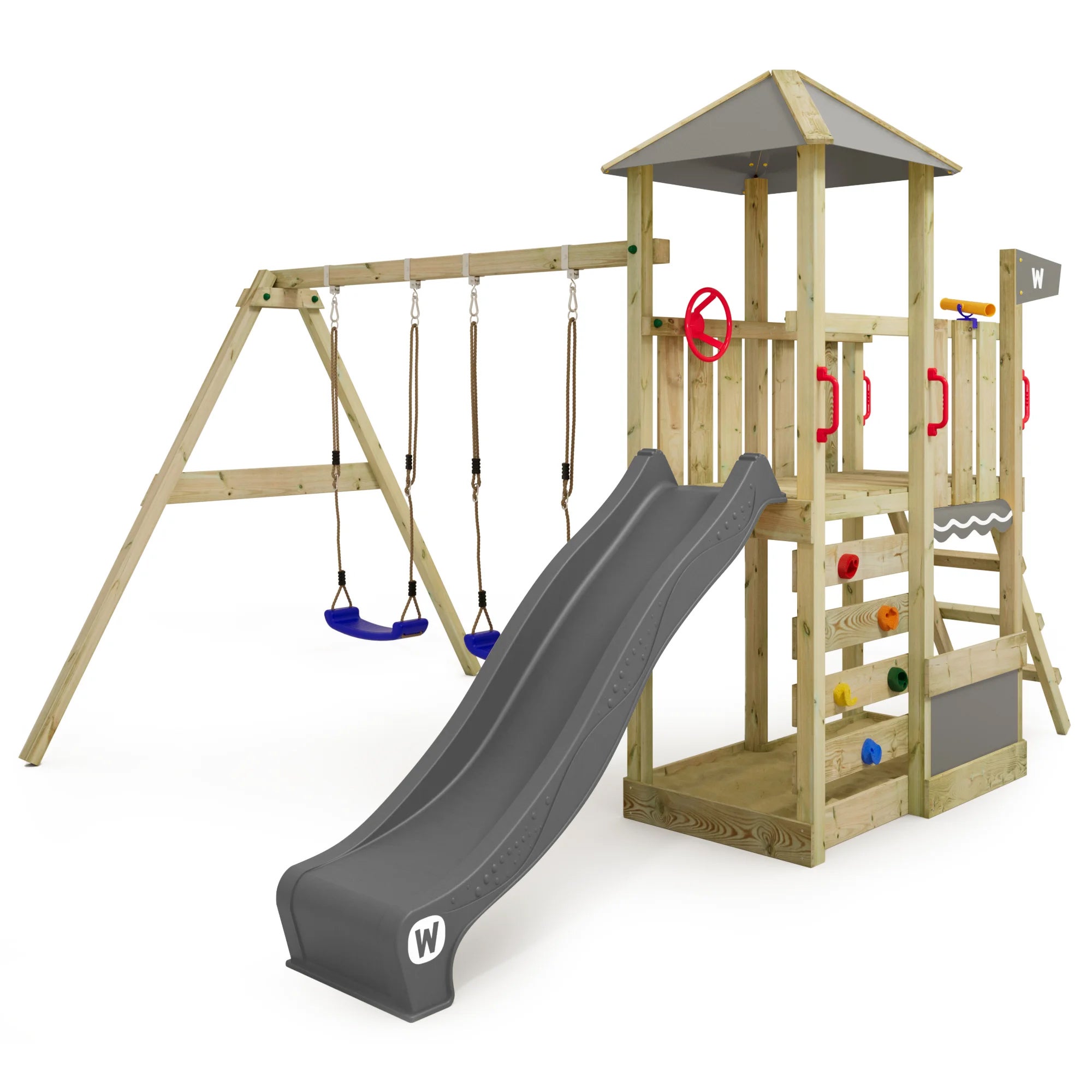 Wickey Aire de jeux Portique bois Smart Savana avec balançoire et toboggan avec bac à sable, échelle d'escalade & accessoires de jeux – rouge | Leroy Merlin