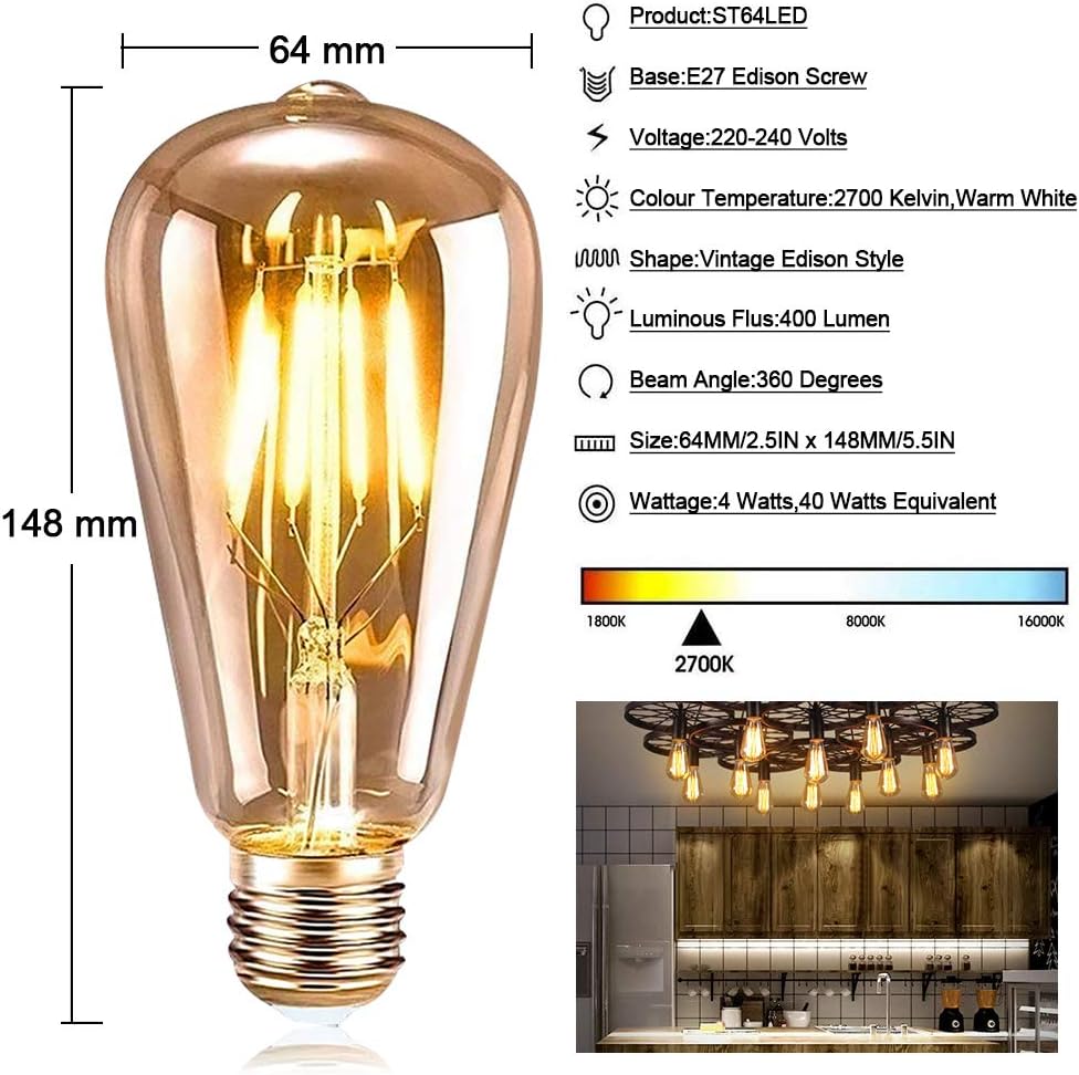 Ampoule E27 Vintage,6 Pièces Ampoule Edison LED E27 ST64 Lampe Décorative Rétro Edison Ampoule Vintage Antique Lampe 4W Filament Blanc Chaud - 4